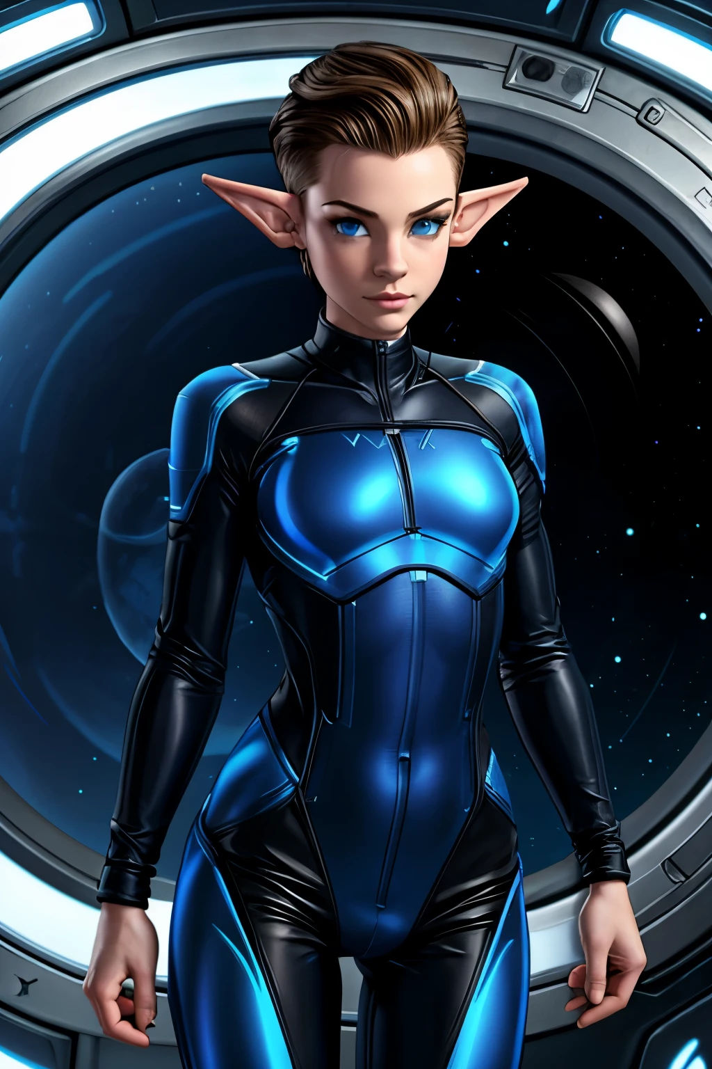 Cute elf boy, tomboy, masculine, youthful,  space station background, thin body, slim, tron bodysuit, short hair, dark blonde hair, slick back hair, forehead, huge bulge in pants, blue eyes, forehead, flat chested 