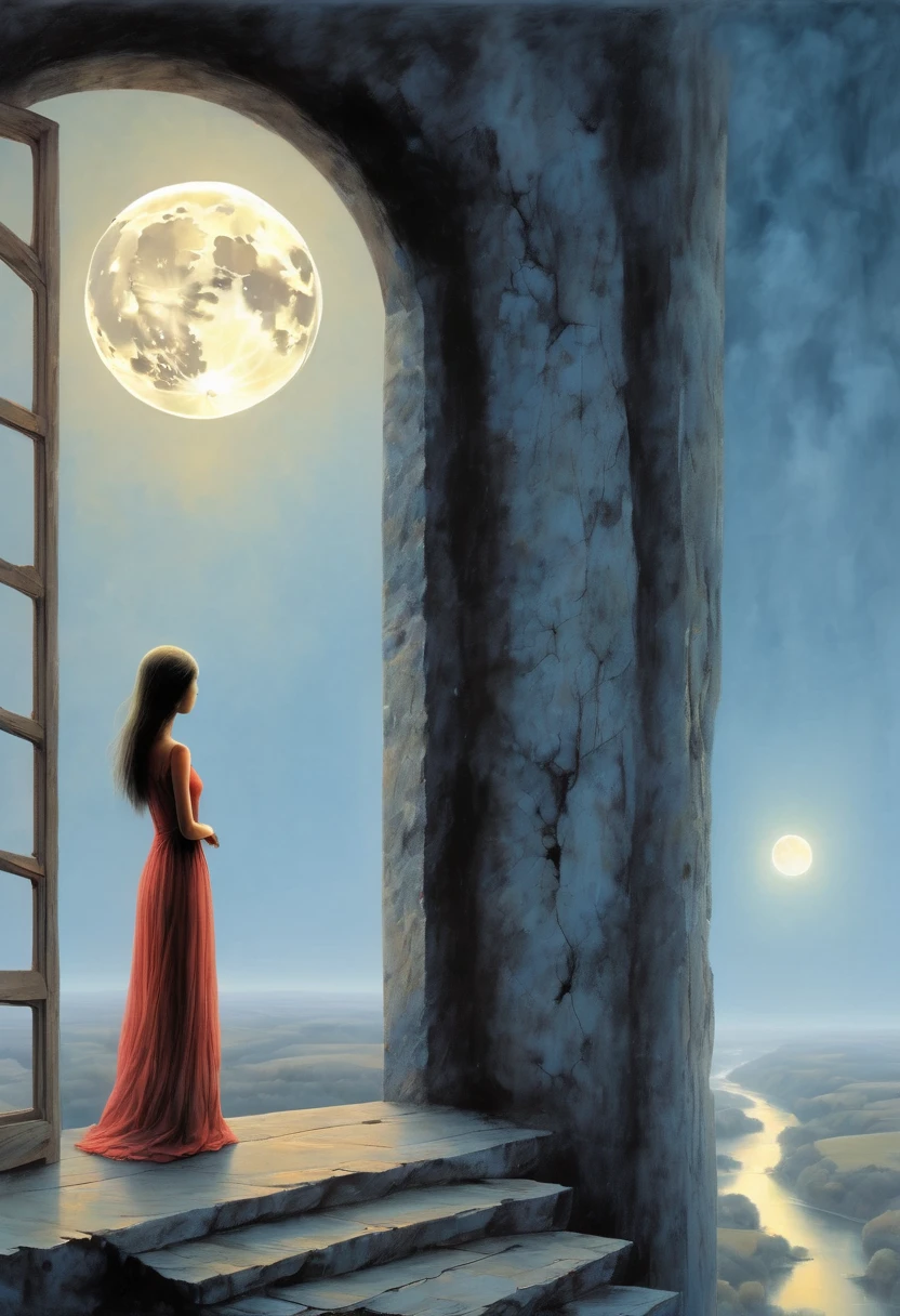 The scenery outside the window,Looking out from the window,Girl looking into the distance at the window,The Faceless Stone Woman on the Bridge,Handheld Light,Background with full moon, With the sky as a background, Brome's Art, Magic artwork, super fine, Fantasy Art Surrealism Beksinski