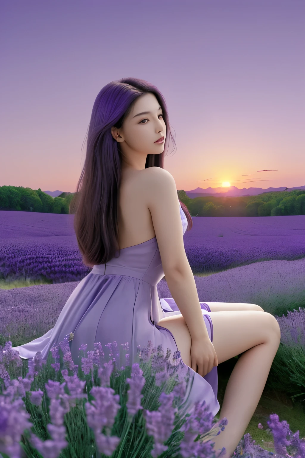 ((masterpiece, best quality, Highest image quality, High resolution, lifelike, original photo, 8K)), A field of purple flowers,Background with sunset, really beautiful nature, purple sunshine, Lavender fields in bloom, beautiful nature, Violet sky, purple beautiful sky, Purple Sunset, purple and sunset, incredibly beautiful, In a lavender field in France, at Purple Sunset, beautiful place, 幻想flower field, Purple Sun, flower field, A girl sits in it,仰头看相天空中Purple Sun,back