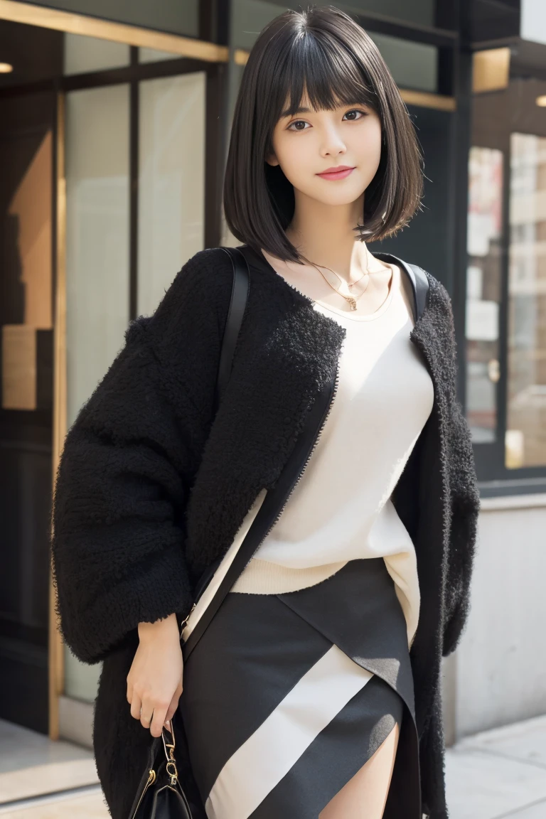 (((masterpiece, highest quality, Super detailed))), 1 female, (((very thin body))) , (((length, thin legs))), (((black straight hair, thick and fluffy bangs ))), (((highly detailed face))),smile, cosmetics free, Small, thin nose, small thin mouth, (((Very sharp focused eyes))), Japanese, beautiful face, (lifelike face), beautiful hairstyle, realistic eyes, fine and beautiful eyes, (real looking skin), beautiful skin, charm, ultra high resolution, surreal, high detail, golden ratio, (detail makeup:1.2),Asymmetrical spring jacket:While maintaining the traditional jacket shape、肩のラインや袖のlengthに不規則なカットを取り入れ、Creates a unique balance。Layered Bottoms:The pants and skirts are made of overlapping panels of different materials and colors.、Vary movement and texture。Customized Accessories:Dismantling traditional accessories、Reconstruction、By changing the material、Give it a unique artistic quality。Based on this prompt、Create a Margiela-inspired outfit with a reimagined traditional theme。