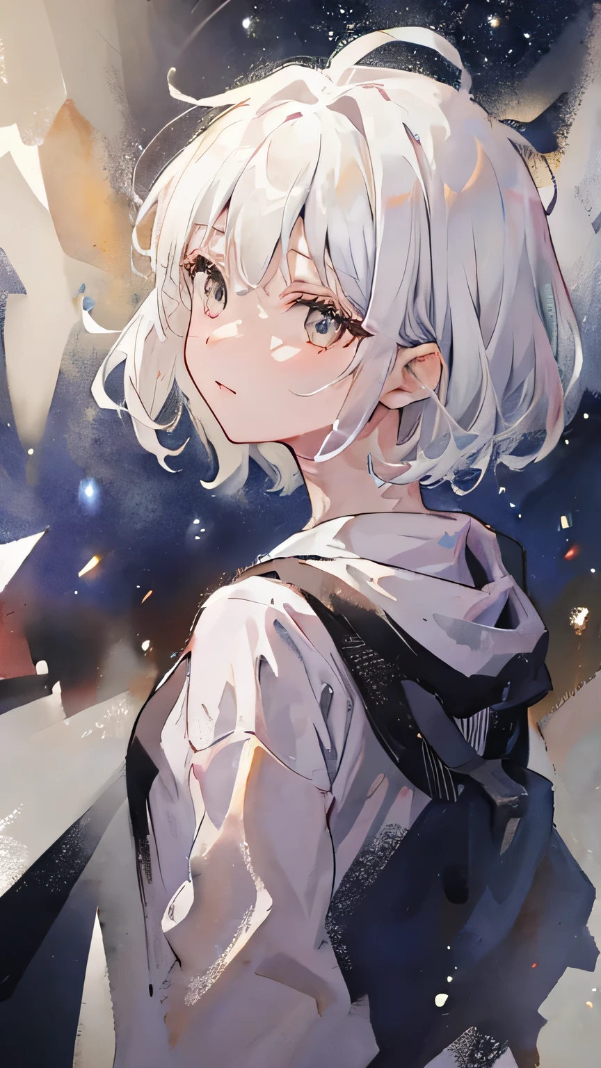 girl，white hair，short hair，white eyes，Look back at me，Only the upper body is visible，starry sky background