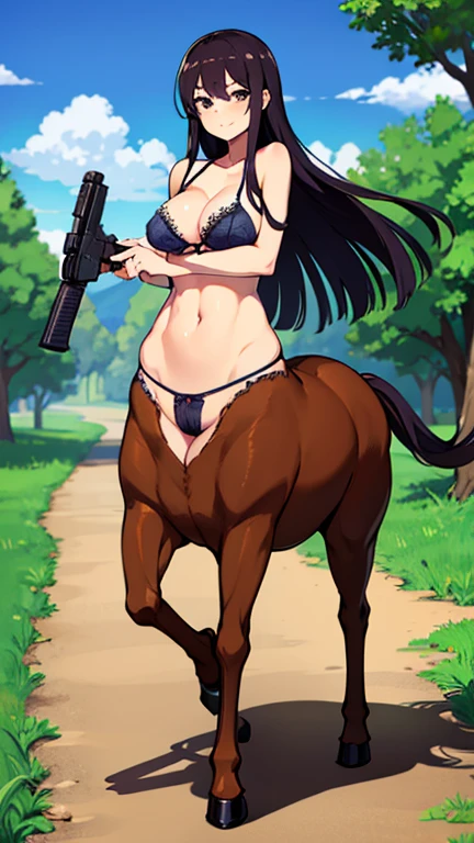 high quality, masterpiece, full body, anime style, nature, 1girl, centaur, mature, sexy, lustful, lustful look, bra, mature, slim and sexy body, holding a gun as a weapon