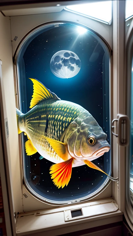 Giant crucian carp in outer space wants to eat the moon, view through the window from inside the space station