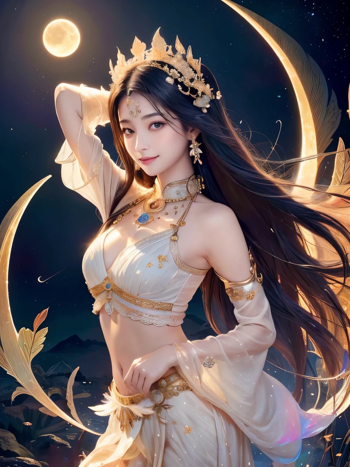 (Sun, moon and stars,night sky),(Masterpiece、top quality、top quality、official art、Exquisite and beautiful:1.2)、(1 girl in)、((Staff,Buddha's light,Current Ions,aurora)),Very detailed、(fractal art:1.3)、Colorful、most detailed,(Posture in motion:1.4)、Beautiful and delicate face with details、Beautiful and delicate eyes with details、Very fine eye definition, (symmetrical eyes:1.3),((natural smile)),Floral fragrance,feather、Goddess image