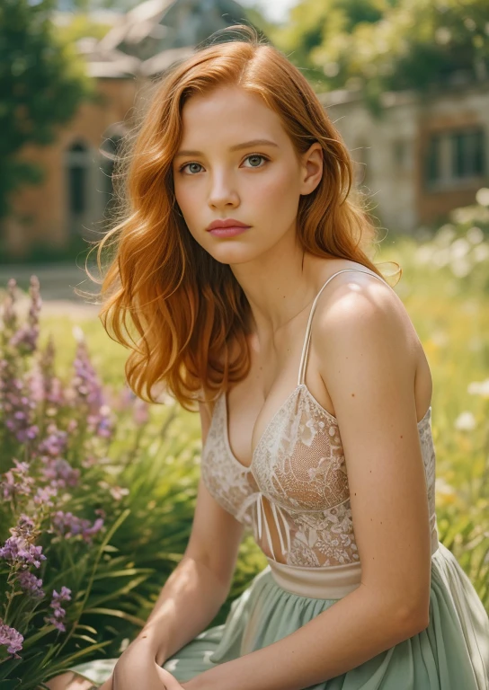 (Jessica Chastain:1.2), slim, skinny, beautiful face, thin face, Irish teen girl slim model, lying on the grass, thigs exposed, breasts exposed, very small perky breasts, narrow hips, standing pose, long thin legs, ginger hair, freckles, shy pose, (college garden in background, wearing a light summer dress with nothing underneath, ginger hair, shy, 15 year old girl, long legs, narrow waist, narrow hips, slim, beautiful teenage girl), (Teen model, 15 years old, young), Ethereal beautiful, slim, ginger hair, green eyes, flat perky chests, Soft light, ((David Hamilton Style)), full body picture, masterpiece, Best Quality, Photorealsitic, 8K, High resolution, Detailed skin, 8K UHD, Digital SLR, Soft lighting, High quality, Film grain, FUJI XT3, (nsfw:1.2)