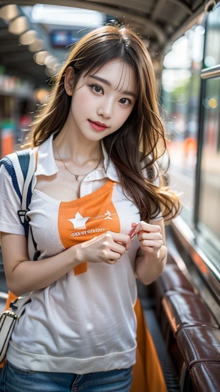 realistic pictures (1 cute korean star) flipped hair, light makeup, medium chest size, orange polo shirt, At the train station, Canon EOS's distinct features, 16k, High resolution, Sharp, realistic details, exposed exposed, interrupt, UHD, High resolution, highest quality