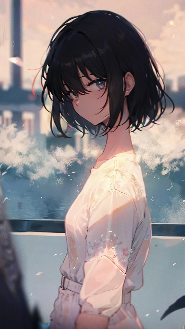 Product illustration of a girl in the rain,cherry blossoms,water中で,water,black hair,short bob,white skin,waterに浮いている