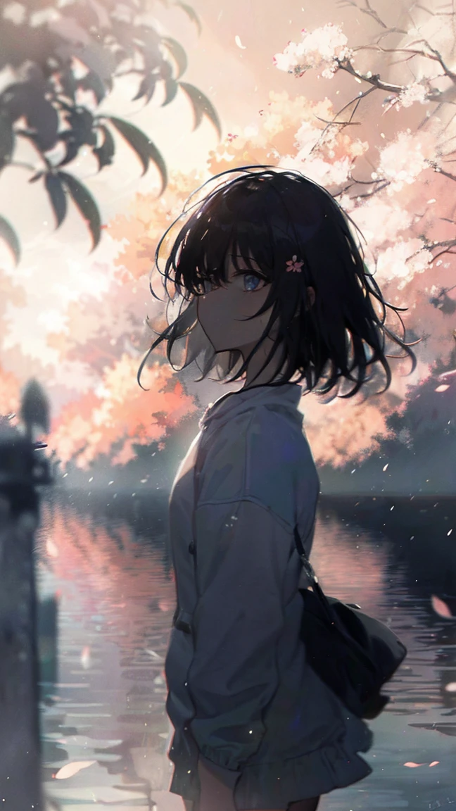Product illustration of a girl in the rain,cherry blossoms,water中で,water,black hair,short bob,white skin,waterに浮いている