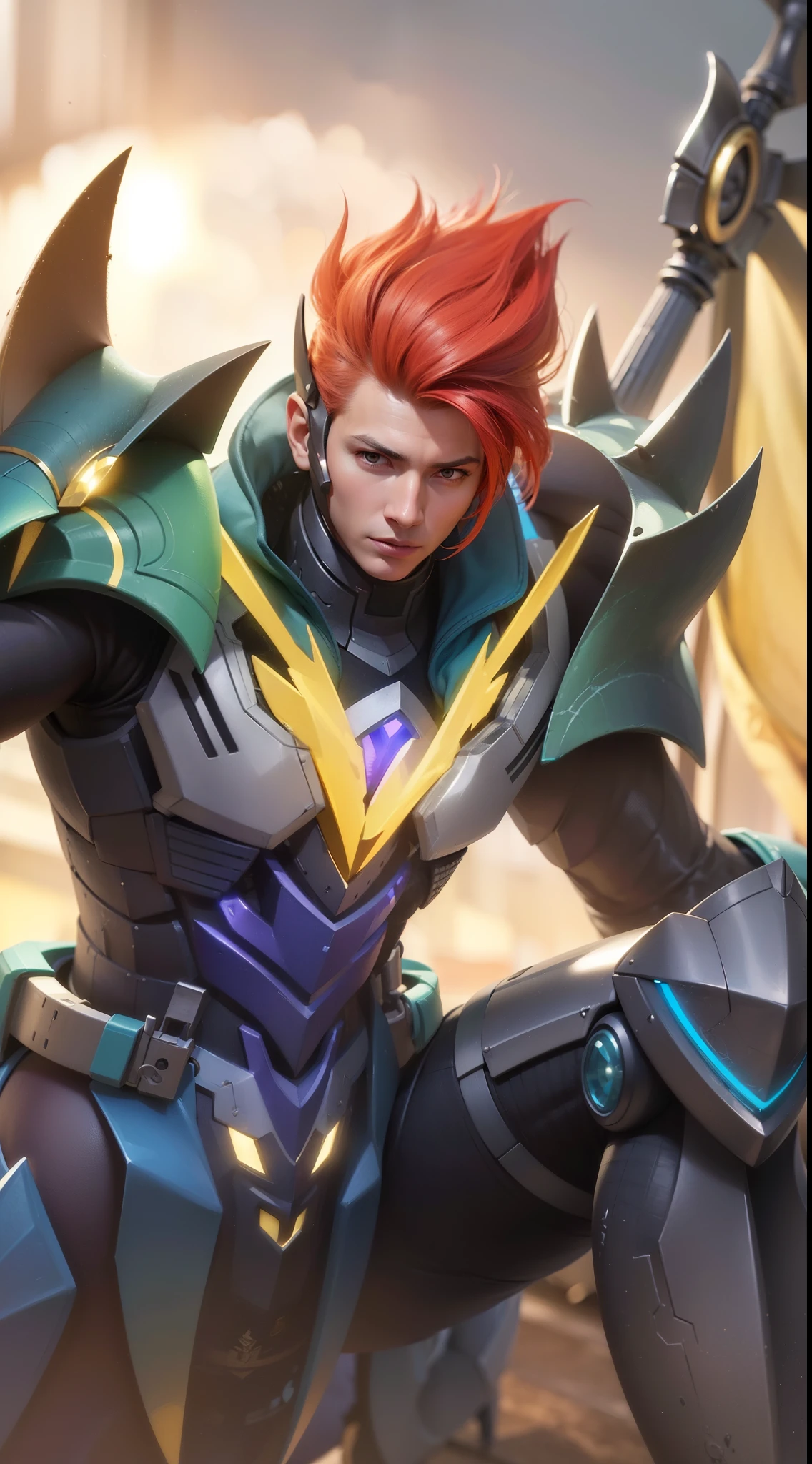 1 boy wears an ear shield, 19 years old, a close up of a person with a sword and armor, kda, gold paladin, portrait of dragoon, dragon knight, mobile legends, sigma male, artgrem, 8k, ultra hd, ultra detailed texture, hyper realistic, masterpiece, detailed texture, detailed face, detailed skin, detailed lighting, (photorealistic:1.5), best quality, beautiful lighting, cinematic lighting, professional lighting, ultra highres, realistic, detailed hair, real hair, high quality, (realskin:1.5), extremely detailed, finely detail, ultra-detailed, strong red eyes, glare.