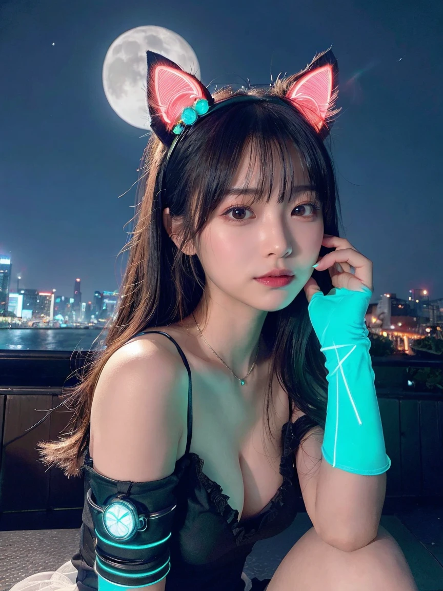 最high quality, masterpiece, 32k、Super detailed、realistic、1 girl, japanese woman、cute face, (photo actual:1.3), edge lighting, (high detail skin:1.2), 8K超High resolution, Single-lens reflex camera, high quality, High resolution, 4k, 8K, Optimal ratio of 4 fingers to 1 thumb, (actual:1.3), Green and blue neon cat ears headband、cute 1 girl, realistic、Super realistic、32k、Super detailed、masterpiece, 最high quality, beautiful girl, beauty、small breasts, Mecha, beautiful lighting, (neon light:1.2), (night:1.5), Cyberpunk Costume、sitting,Cyber Neon、future city、Skyscraper、都会のnight、Shanghai、big city、night景、綺麗なnight景