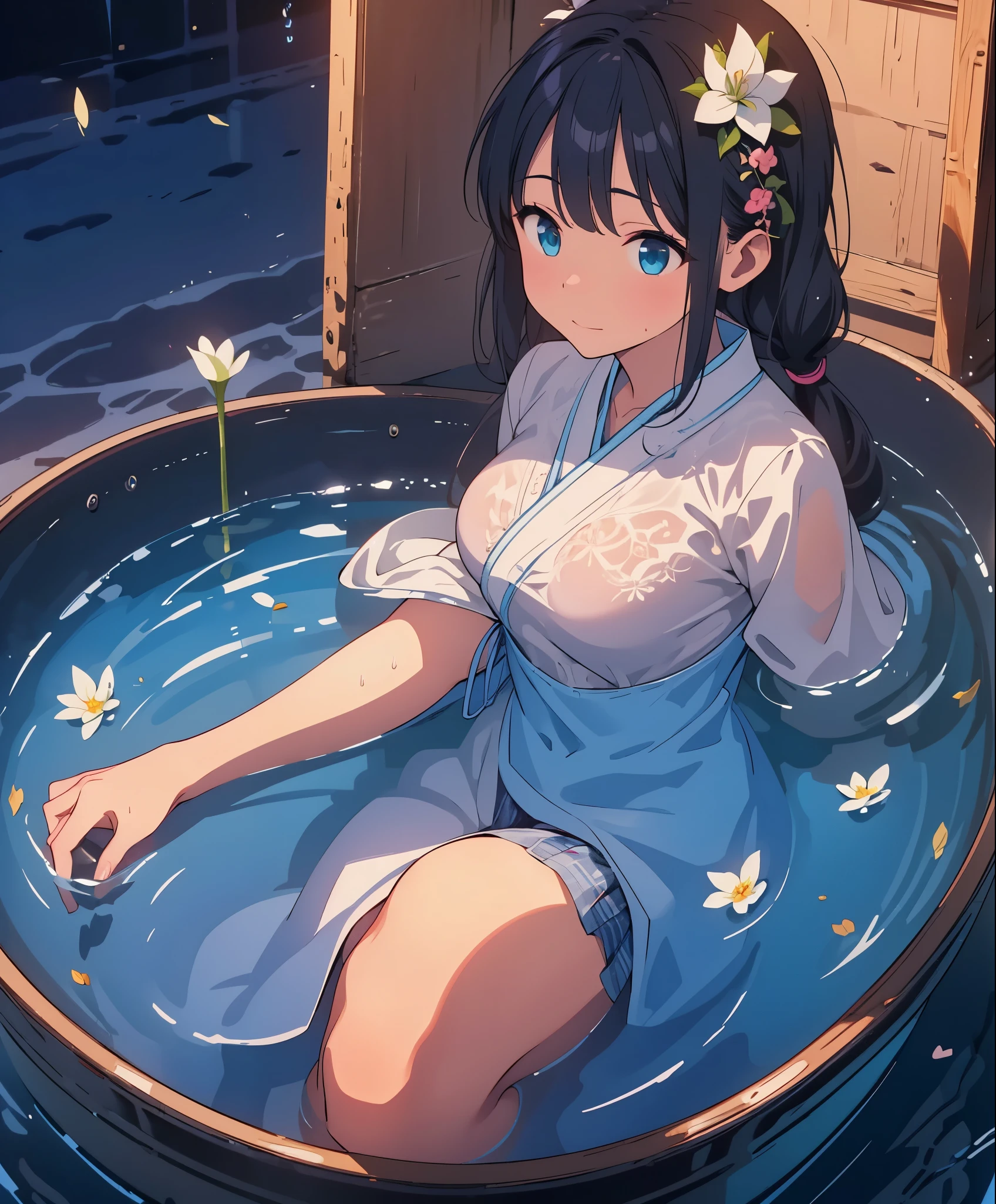 (masterpiece、highest quality、highest quality、official art、beautiful beautiful:1.2)、(1 girl:1.3)Hatsune Miku、twin tails,big breasts,A lily was quietly shining in the darkness。Its chastity iake you feel the darkness around you more deeply、noble beauty, on the contrary, It was alleviating loneliness and despair。Behind the glamorous beauty、There seems to be a hidden dark story.、Everyone was obsessed with the mystery。Japanese clothing、dark