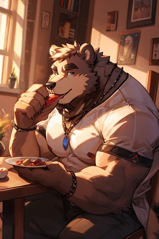Concept art, design character furry, bear furry, He has big muscles and a big body, He loves to eat, has a cute and cherry personality
