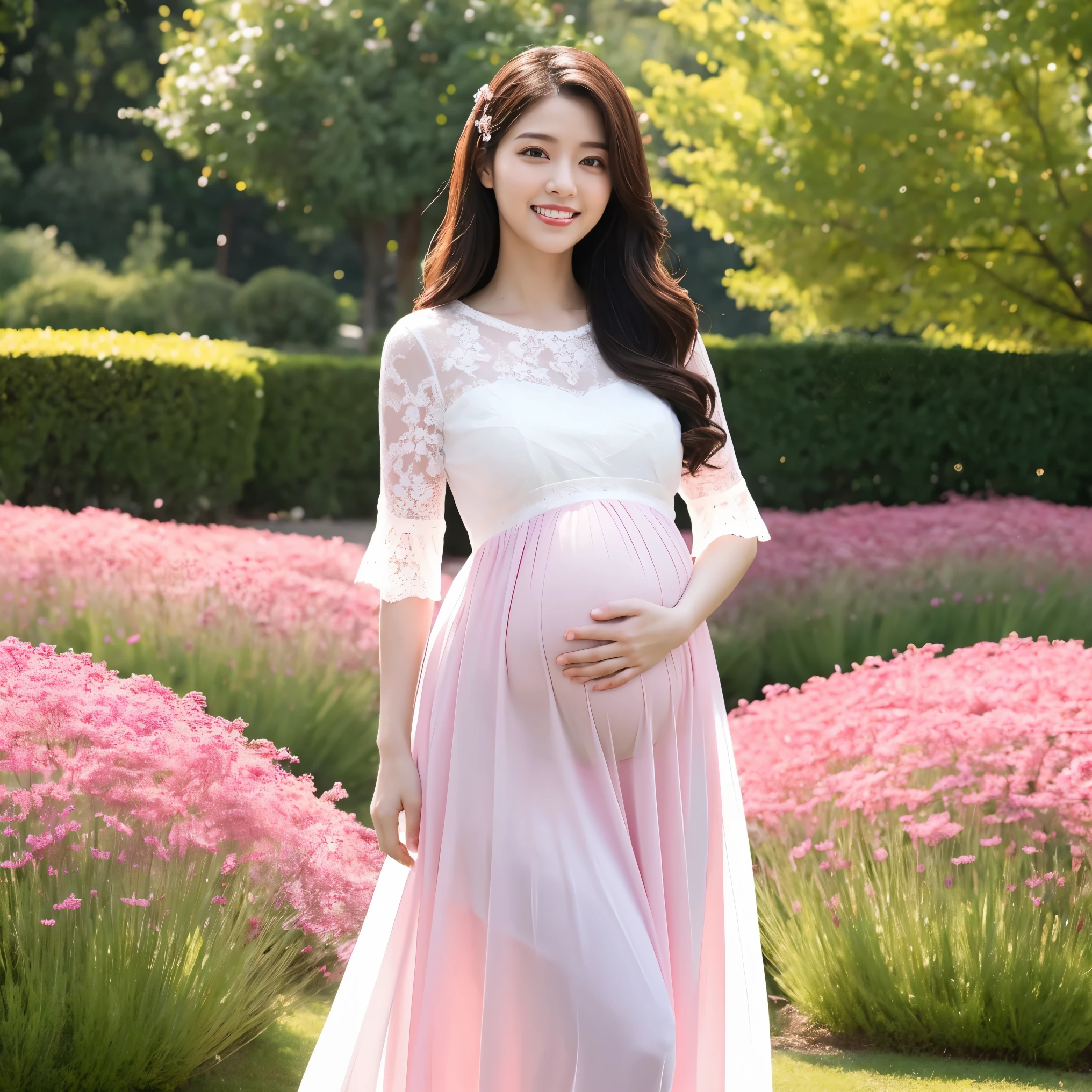 (highest quality、masterpiece、8K、Highest image quality、Award-winning work)、1 female、walk in the park、(Huge belly in late pregnancy:1.3)、classy maternity clothes、See-through maternity clothes、Lace decoration、perfect makeup、Slender、the biggest smile looking at me、(Standing full body photo:1.2)、perfect anatomy、Blurred cherry blossoms in full bloom,、Large grassy park、refreshing atmosphere、very bright and vivid、Super high definition beautiful eyes、Super high definition perfect beautiful teeth、Ultra high definition beautiful face、Ultra HD Beautiful Hair、perfect teeth alignment