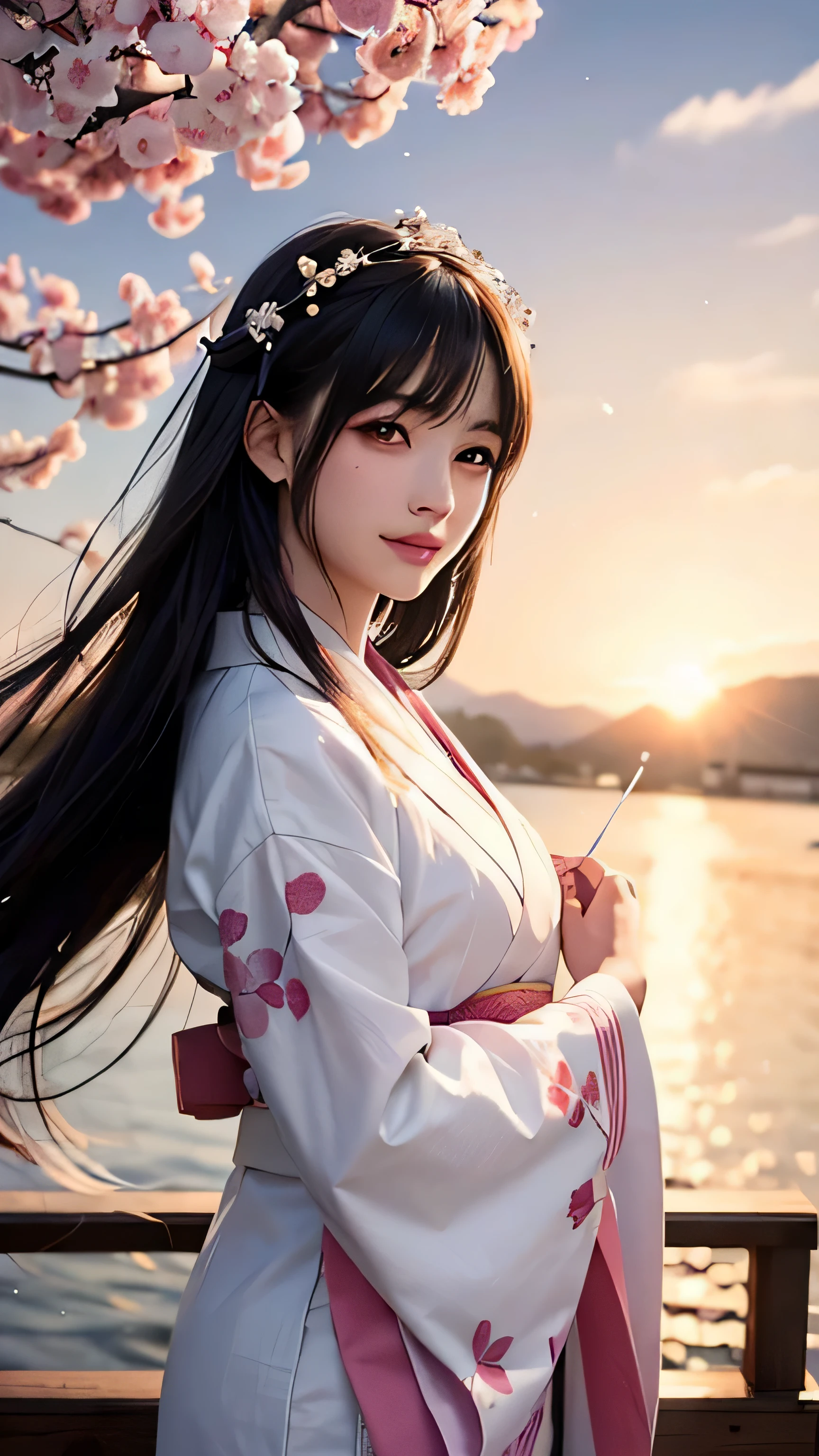 (logo、masterpiece、8K、table top、Raw photo、wonderful、最high quality、realistic、very detailed CG integrated 8k wallpaper、high quality、very detailed、narrative poem、particle effects、dynamic effects、Depth of the bounds written、cinematic light、Lens flare、ray tracing)、fantasy、 (1 beautiful woman、Kimono isolated on white background、Japanese clothing、black haired、beautiful face、real face、Beautiful eyes in every detail、beautiful skin)、Hair flutters in Wind、hair bounceany pink cherry blossom trees、petals dance、SakuraFubuki、Spectacular view、sunrise、sun on background、Wind、god々、tooth、god story、vast land、precise fingers、smile, slim body