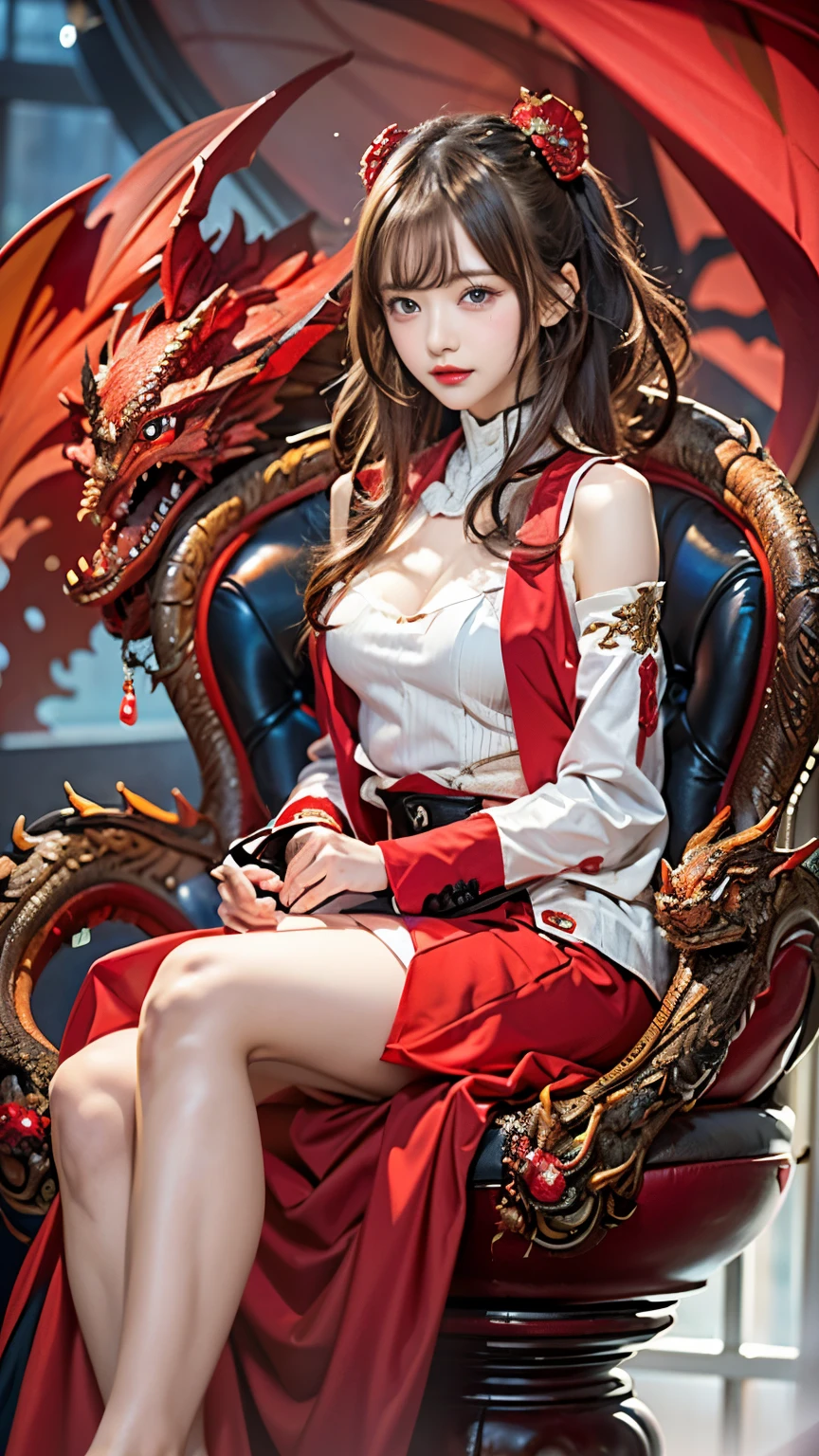 A woman wearing a red coat sitting on a chair with a dragon on it, Popular on ArtStation Pixiv, detailed anime artwork, detailed digital anime art, Complex and gorgeous anime CGI style, Gubesu's illustration - pixiv art station, Gubesu's illustration - pixiv, anime fantasy illustration, detailed anime art, clean detailed anime art, Detailed anime original drawing, Red Lip Micro Open, nude