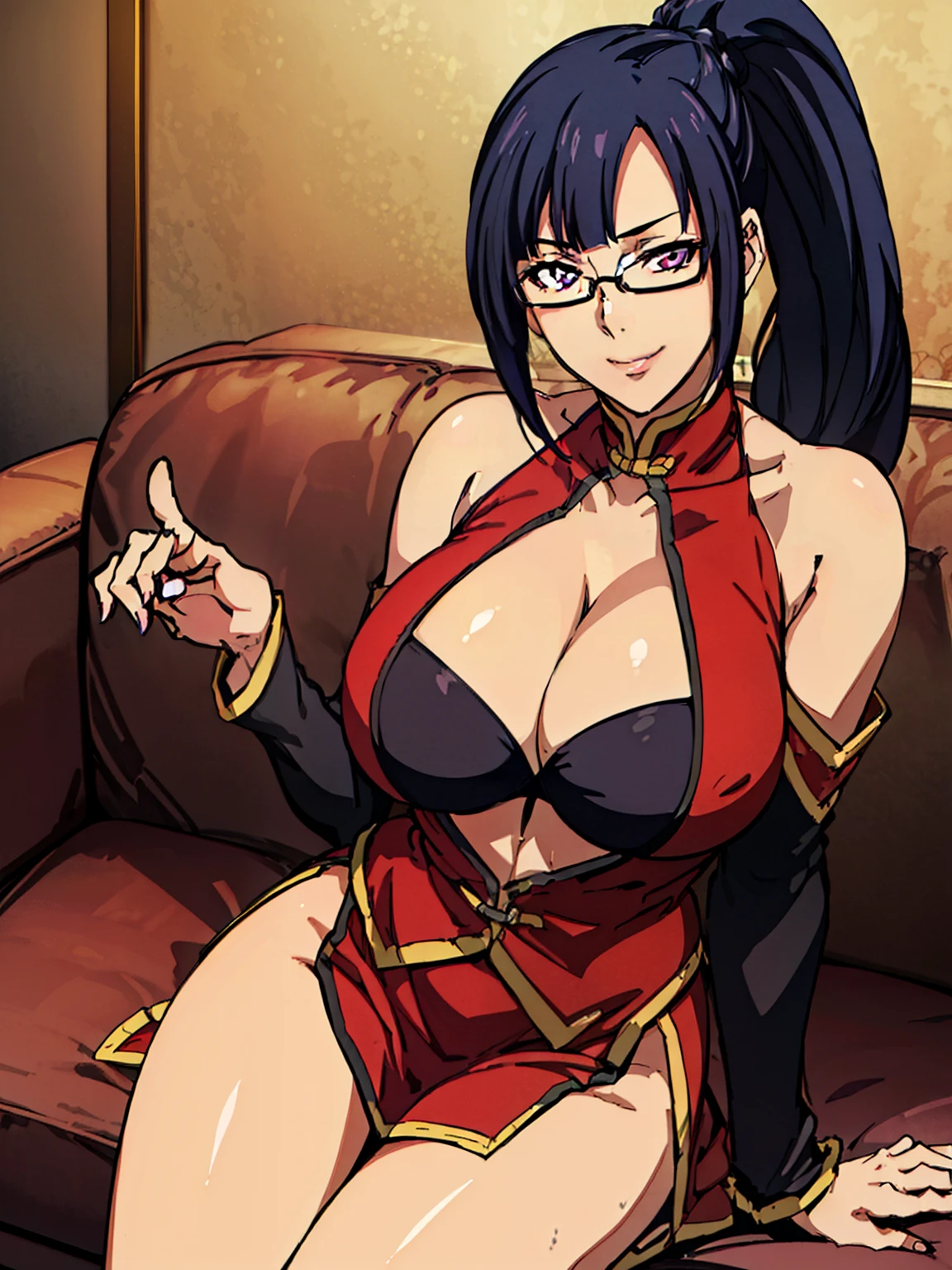 (pov viewer hands grabbing on breasts), (sitting on luxury sofa), Red dress, chinese clothes, cleavage cutout, clothing cutout, bare shoulders, (luxury livingroom background), Litchi Faye-Ling, mature woman, anime cels style, best quality, high resolution, 1girl, (huge breasts:1.2), beautiful face, Beautiful Finger, Beautiful long legs, Beautiful body, Beautiful Nose,Beautiful character design, semi-rimless eyewear, black hair, very long hair, ponytail,Bangs,purple eyes, (cowboy shot), smiling, looking at viewer