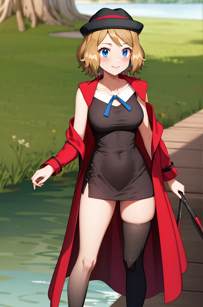 masterpiece, best quality, highres, serena \(pokemon\), short hair, blue eyes, 1girl, solo, blue ribbon, eyelashes, black thighs, neck ribbon, sleeveless, bangs, collarbone, bare arms, pink dress, red coat, pink hat, outdoor, standing by a lake, blushing, smile, long stockings, black stockings, mid-thigh stockings, medium-sized female breasts,  Neckline, detailed background, background of great details.