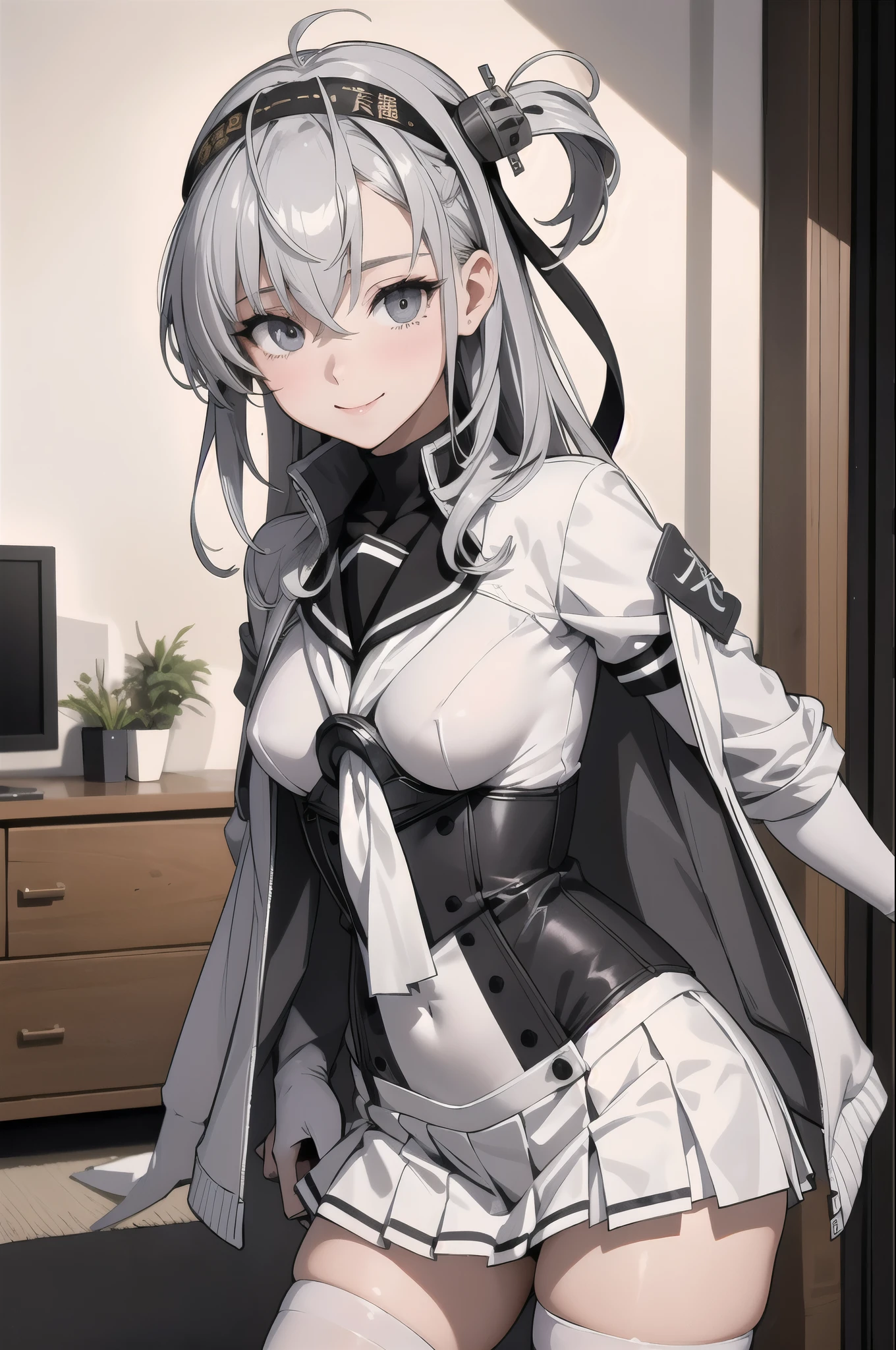 (masterpiece), (best quality), (ultra-detailed), photorealistic, (best illustration), (an extremely delicate and beautiful), 1girl, solo,(KanColle Suzutsuki) somewhat narrow eyes  ponytail  silver hair Very Fine Eyes Very Fine Face、Insanely detailed body、Extremely fine skin, very elaborate hair ornament, Precisely shaped body and hands White clothes Black corset Gray jacket White tights White innerwear white skirt (Littleskinexposure)  A hallway in a house