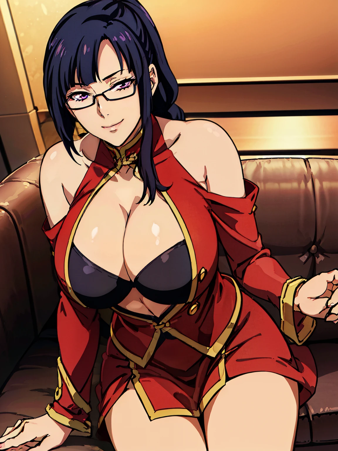 (pov viewer hands grabbing on breasts : 1.3), (sitting on luxury sofa), Red dress, chinese clothes, cleavage cutout, clothing cutout, bare shoulders, (luxury livingroom background), Litchi Faye-Ling, mature woman, anime cels style, best quality, high resolution, 1girl, (huge breasts:1.2), beautiful face, Beautiful Finger, Beautiful long legs, Beautiful body, Beautiful Nose,Beautiful character design, semi-rimless eyewear, black hair, very long hair, ponytail,Bangs,purple eyes, (cowboy shot), smiling, looking at viewer