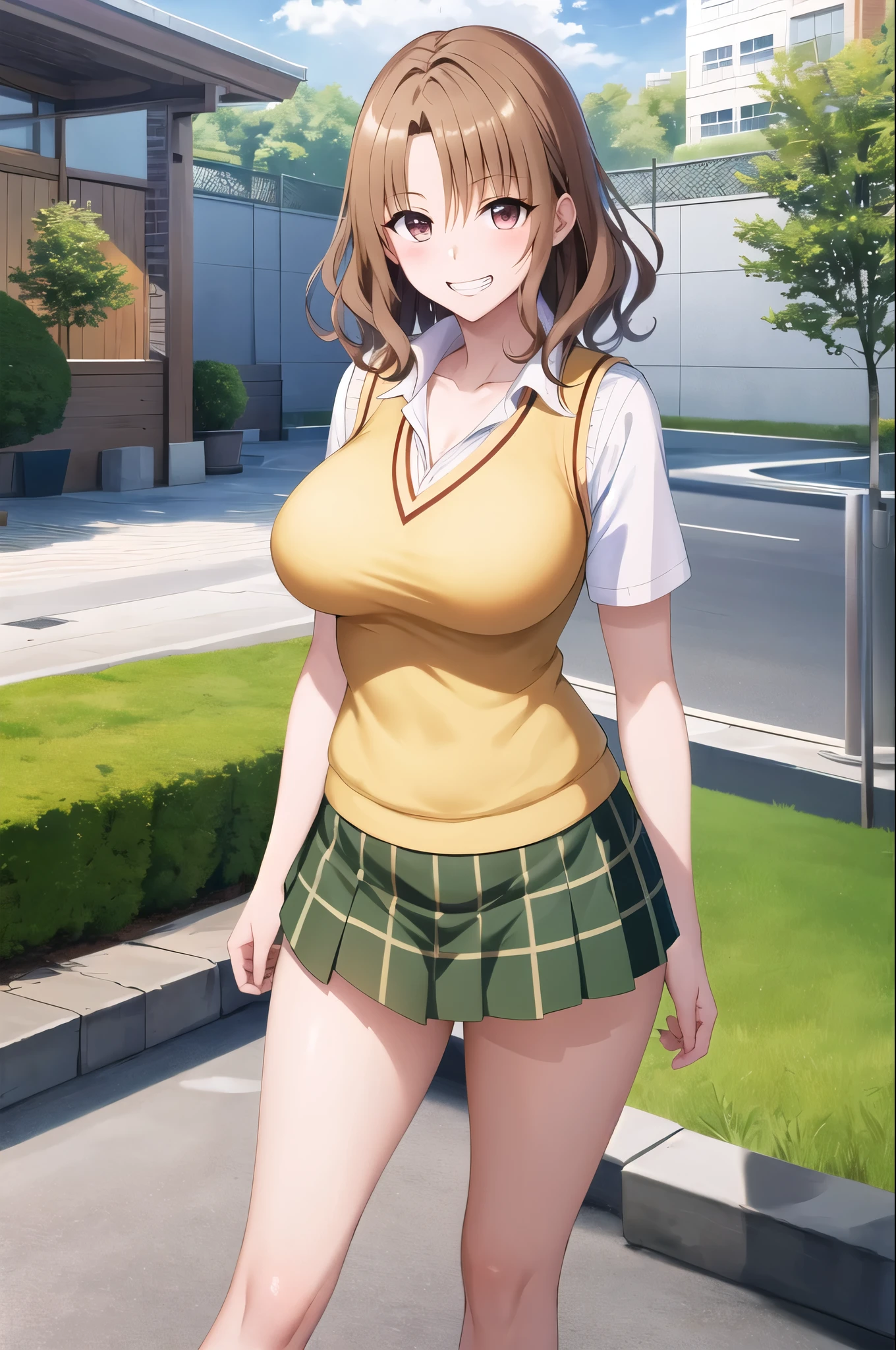 anime woman、solo、Game CG style、masterpiece、highest quality、High resolution、Woman with short brown hair、brown eyed woman、wavy hair、big breasts、woman with very large breasts、tall woman、clavicle、、high school girl、collared shirt、white shirt、sweater vest、(yellow vest:1.2)、short sleeve、plaid skirt、green skirt、pleated skirt、navy blue knee high sockary jane、mouth open、a woman is standing、cowboy shot、outdoor、sexy atmosphere、perfect proportions、grin and laugh、female focus、looking at viewer、