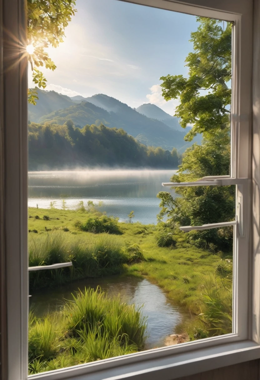 1girl, The View Outside the Window, (4k,8k,highres,:1.2),ultra-detailed,(realistic,photorealistic,photo-realistic:1.37),indoor view,window view,outside scene,outdoor scenery,breathtaking landscape,panoramic view,serene atmosphere,clear blue sky,rolling hills,green meadows,colorful flowers,trees swaying in the wind,sun shining brightly,golden sunlight streaming in through the window,glimmering lake in the distance,crystal-clear water,reflection of the sky on the water surface,lush forests,majestic mountains on the horizon,peaceful countryside,tranquil setting,quiet ambiance,gentle breeze rustling the leaves,morning mist over the fields,tiny birds chirping,soft rays of sunlight illuminating the room,nature's beauty at your doorstep,serenity of the outside world,boundless beauty right outside the window . masterpiece, best quality, very aesthetic, absurdres, aesthetic