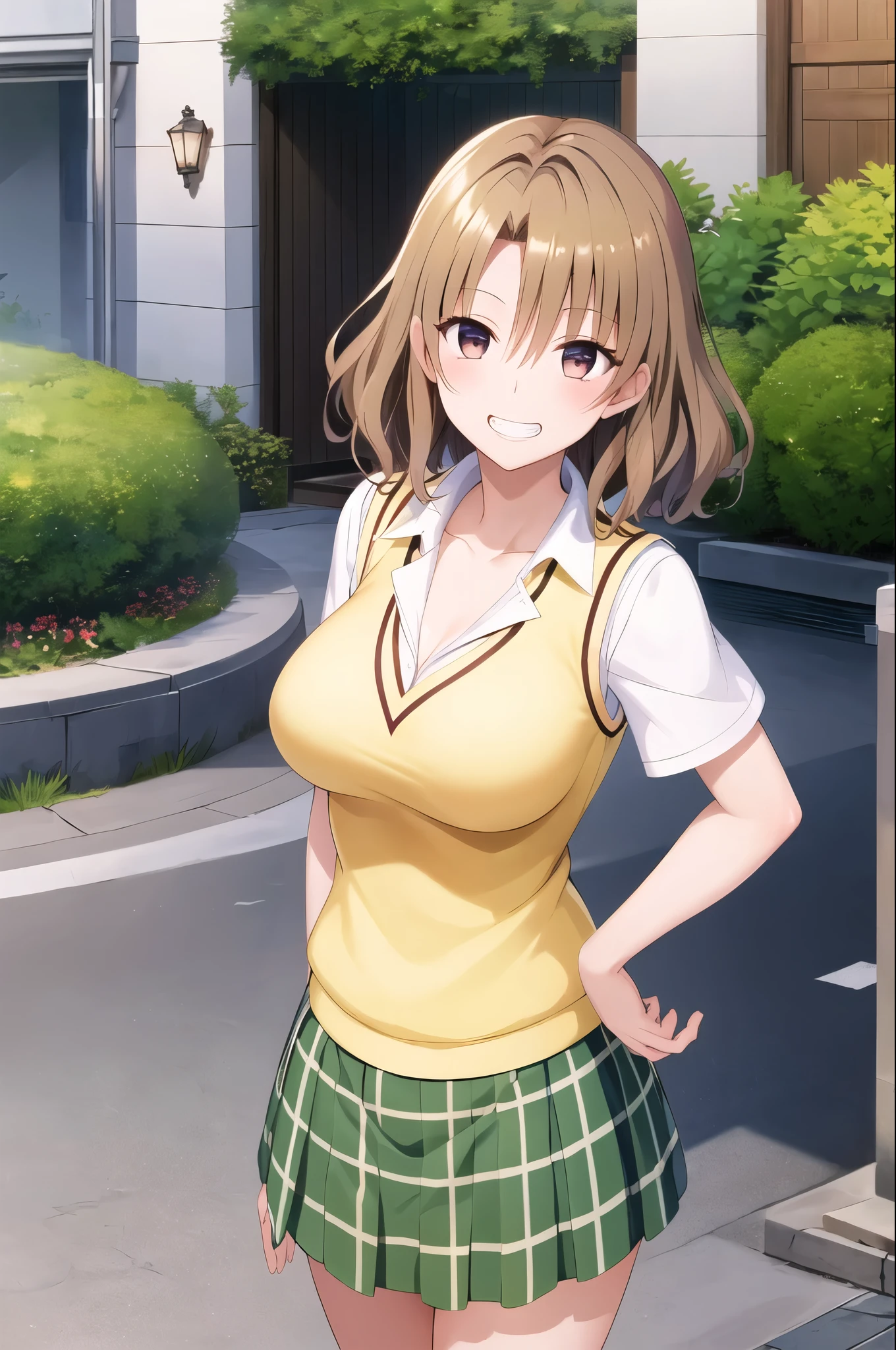 anime woman、solo、Game CG style、masterpiece、highest quality、High resolution、Woman with short brown hair、brown eyed woman、wavy hair、big breasts、woman with very large breasts、tall woman、clavicle、、high school girl、collared shirt、white shirt、sweater vest、(yellow vest:1.2)、short sleeve、plaid skirt、green skirt、pleated skirt、navy blue knee high sockary jane、mouth open、a woman is standing、cowboy shot、outdoor、sexy atmosphere、perfect proportions、grin and laugh、female focus、looking at viewer、