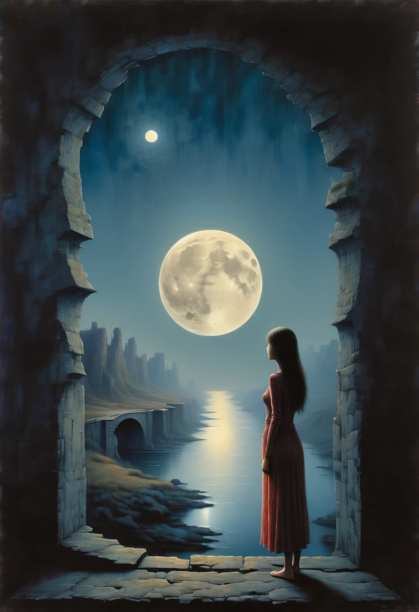 The scenery outside the window，Looking out from the window，Girl looking into the distance at the window，The Faceless Stone Woman on the Bridge，Handheld Light，Background with full moon, With the sky as a background, Brome&#39;s Art, Magic  artwork, super fine, Fantasy Art Surrealism Beksinski