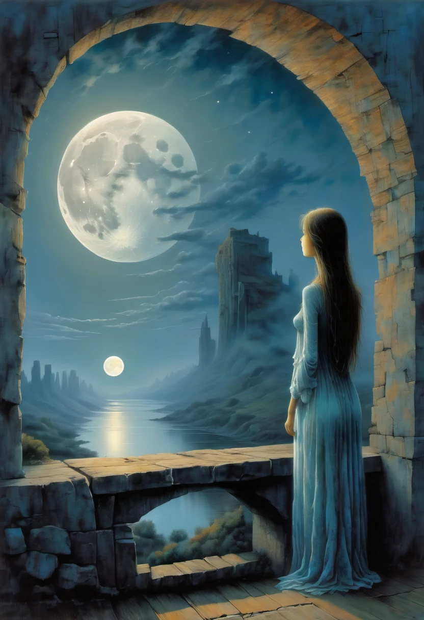 The scenery outside the window,Looking out from the window,Girl looking into the distance at the window,The Faceless Stone Woman on the Bridge,Handheld Light,Background with full moon, With the sky as a background, Brome's Art, Magic artwork, super fine, Fantasy Art Surrealism Beksinski