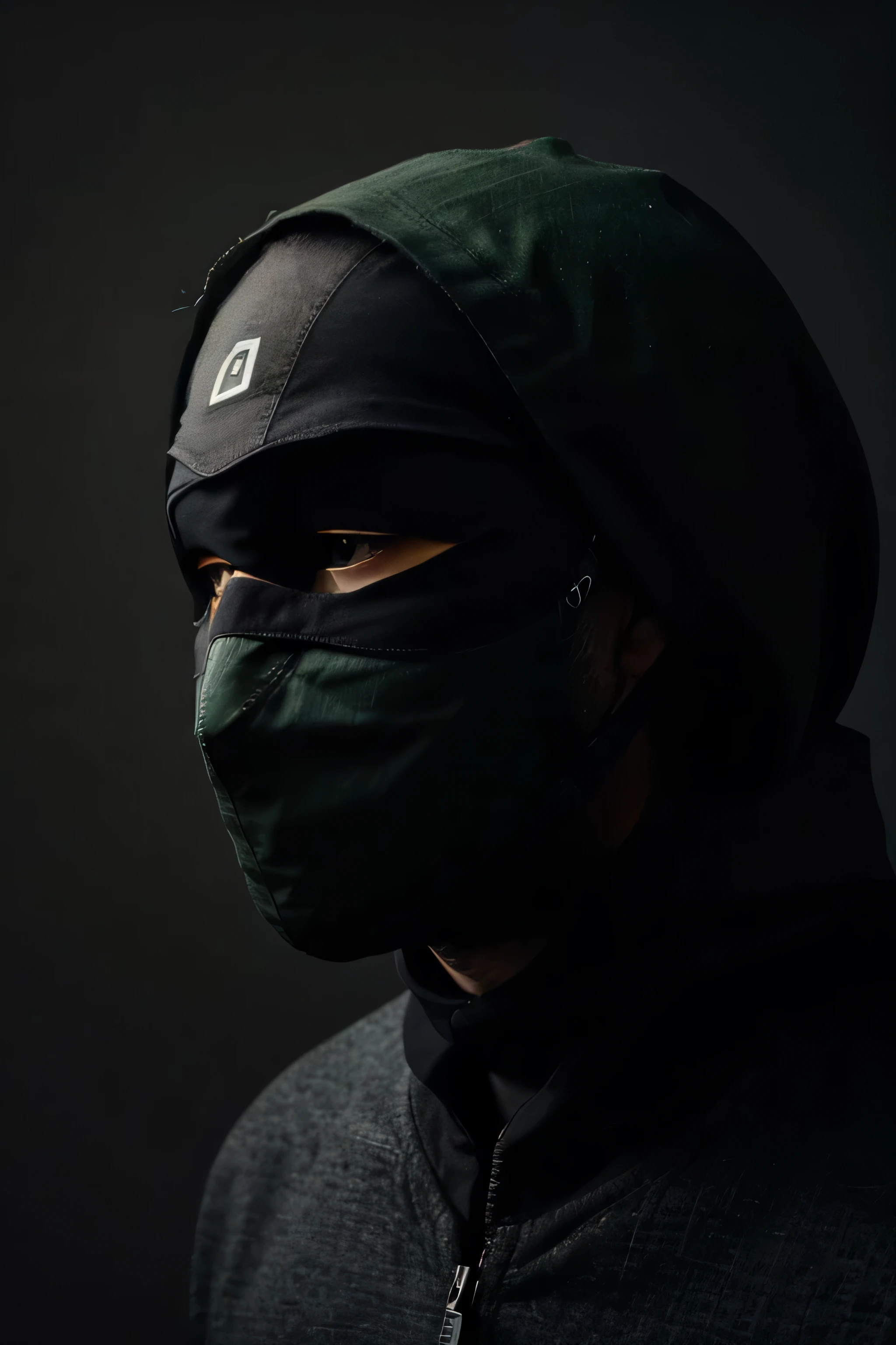 Generate logo designs featuring a dark black background with an anonymous mask completely covering the man's face, conveying empathy and support. Ensure that only male figures are depicted in the generated images. Utilize a warm and inviting color scheme of grey and green to reflect the theme of self-improvement and community, emphasizing the humanistic touch of the logo design