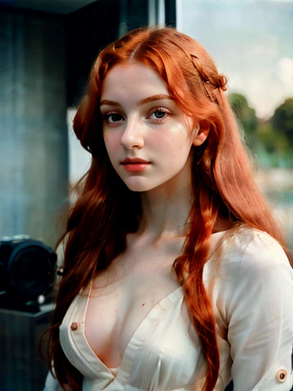 (best quality,8k,highres,masterpiece:1.2),realistic,woman with long red hair,analog photographic print, 1girl,18yo,Porta 160 color,shot on ARRI ALEXA 65,beautiful detailed eyes,beautiful detailed lips,extremely detailed eyes and face,long eyelashes,bokeh,sharp focus on subject,shot by Don McCullin,professional,vivid colors,studio lighting