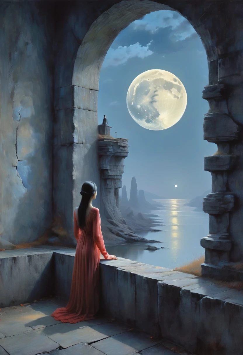 The scenery outside the window,Looking out from the window,Girl looking into the distance at the window,The Faceless Stone Woman on the Bridge,Handheld Light,Background with full moon, With the sky as a background, Brome's Art, Magic artwork, super fine, Fantasy Art Surrealism Beksinski
