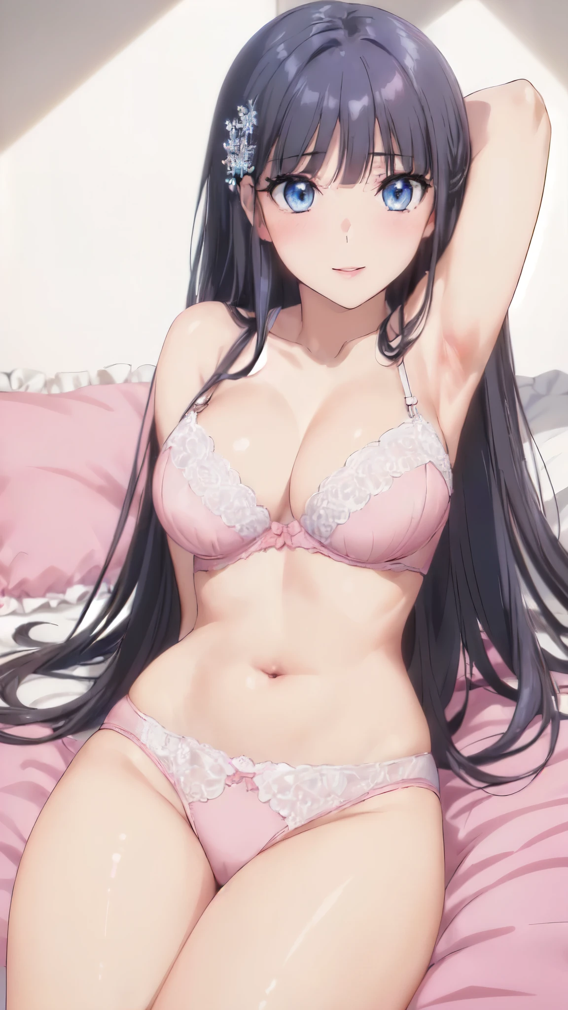 (masterpiece:1.5),(perfect anatomy:1.4),anime character,(bright room:1.1),(vivid color:1.4),(White hair ornament:1.5),(yellow hair ornament:1.3),(slender:1.4),perfect female body,Bright colors,perfect lighting,(light from the front,light shines on your face:1.3),(very accurate details,ultra high resolution,Highly detailed CG) nity 8K wallpaper:1.5),(realistic,Photoreal,超realistic:1.4),(curve,model,Glamour:1.4),beautiful breasts,beautiful detailed shadows,beautiful eyes,beautiful body,beautiful skin,beautiful hands,(Aesthetic Anime Eyes:1.4),shiny hair,(black hair:1.5),(long straight hair:1.5),(smile,blush:1.4),(Exquisite fabric,pink bra,highly detailed bra,Rajbra,Ren Hao,lace trim bra,lace trim legwear:1.4),(Pink underwear above and below:1.4),(Very beautiful and mysterious pink underwear:1.4),big breasts,on the bed,(lie on one's back:1.4),white pillow,All funny sheets,(White hair ornament:1.4),(yellow hair ornament:1.3),blue eyes,(mouth is slightly open:1.0),(pink lips:1.4),(natural makeup:1.3),(arms behind head:1.2),(black hair:1.5),