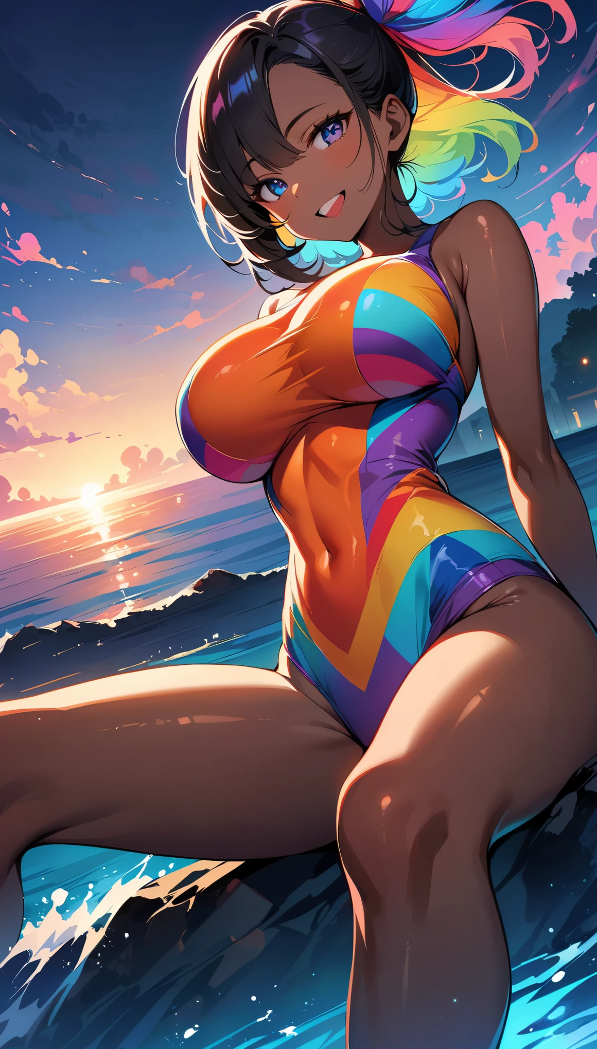 (high quality, 8k, 4k, high contrast, masterpiece:1.2, best quality, best aesthetics), (dynamic angle), alone, (((young woman,Beautiful Black Woman, Ebony 1 Female))), (small face), (high detail skin:1.2), cute face, (rainbow hair), beautiful breasts, (slim body shape:1.4), very detailed顔と肌の質感, look sideways, place your hands behind your body, deep ebony:1.2, ((Long bangs on one side, asymmetrical bangs, one eye is hidden)), slender body, ((open your mouth and smile:1.2)), big breasts, sitting:1.2, normal hip joint, Composition from below, (((colorful swimwear:1.2))), Coast at dusk, staring eyes, shiny skin, perfect fingers, five fingers, background bokeh, bright colors, very detailed,
