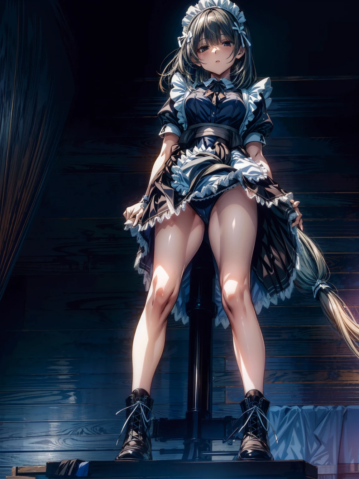 (perfect anatomy:1.2, highest quality),(Detailed maid leotard:1.6),1girl,solo,long hair:1.5, (short sleeves, Thighs,maid cuffs),,hypnoLora, empty eyes,high heel lace-up boots  boots, (no skirt:3.0),dark aura,leotrad