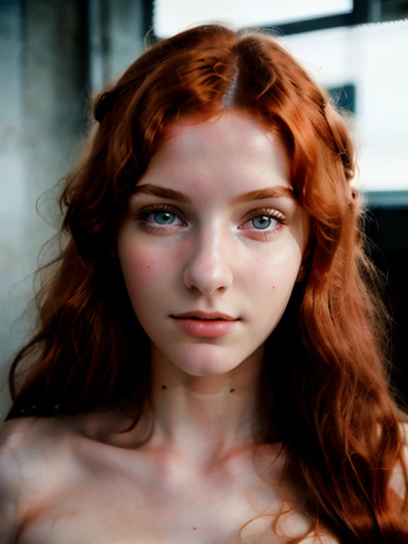 (best quality,8k,highres,masterpiece:1.2),realistic,woman with long red hair,analog photographic print, 1girl,18yo,Porta 160 color,shot on ARRI ALEXA 65,beautiful detailed eyes,beautiful detailed lips,extremely detailed eyes and face,long eyelashes,bokeh,sharp focus on subject,shot by Don McCullin,professional,vivid colors,studio lighting, nude