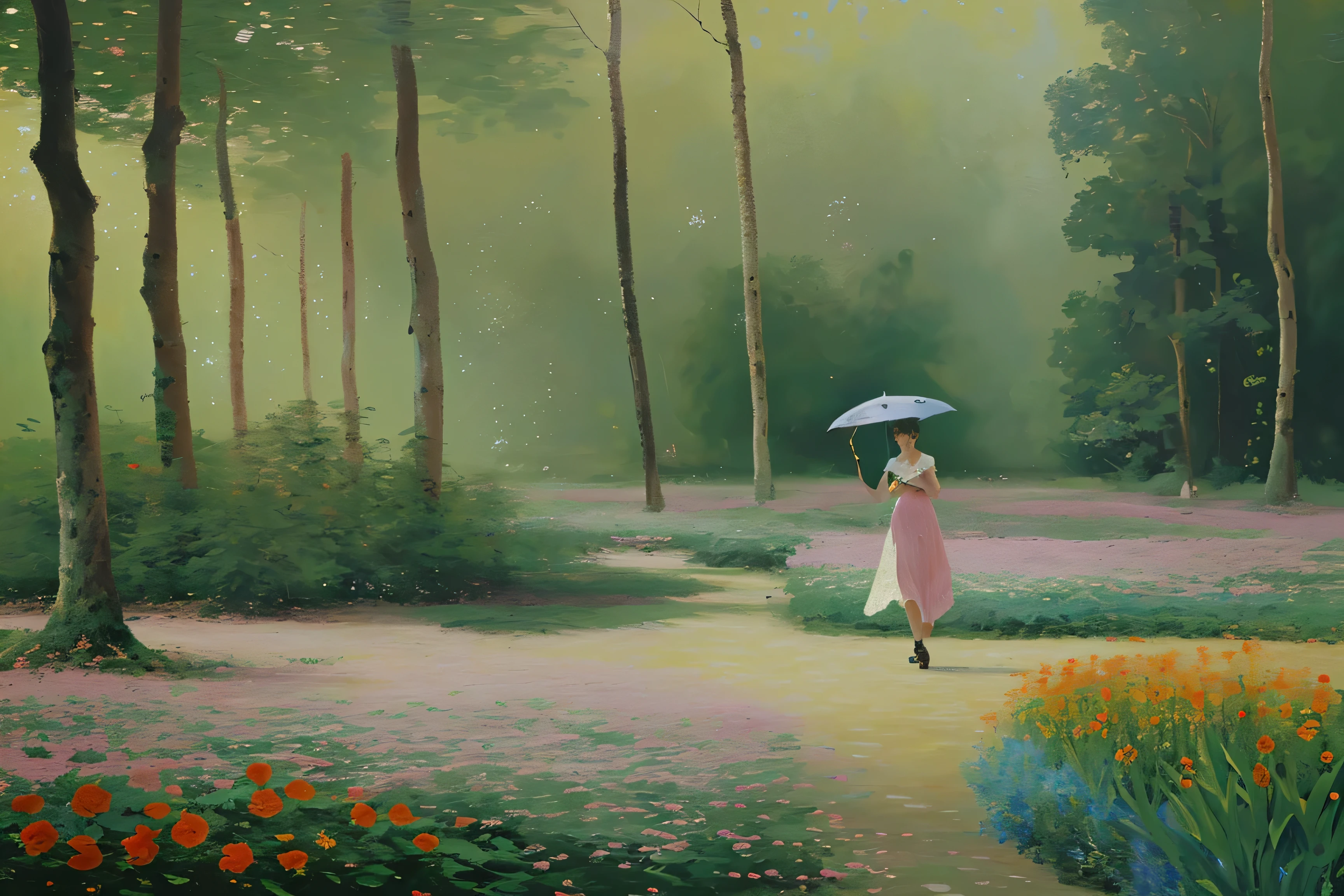 A woman holding an umbrella，Stroll through Monet&#39;s gardens，A long strip of brightly colored flowers，There is a forest next to it，Like an oil painting，Photography