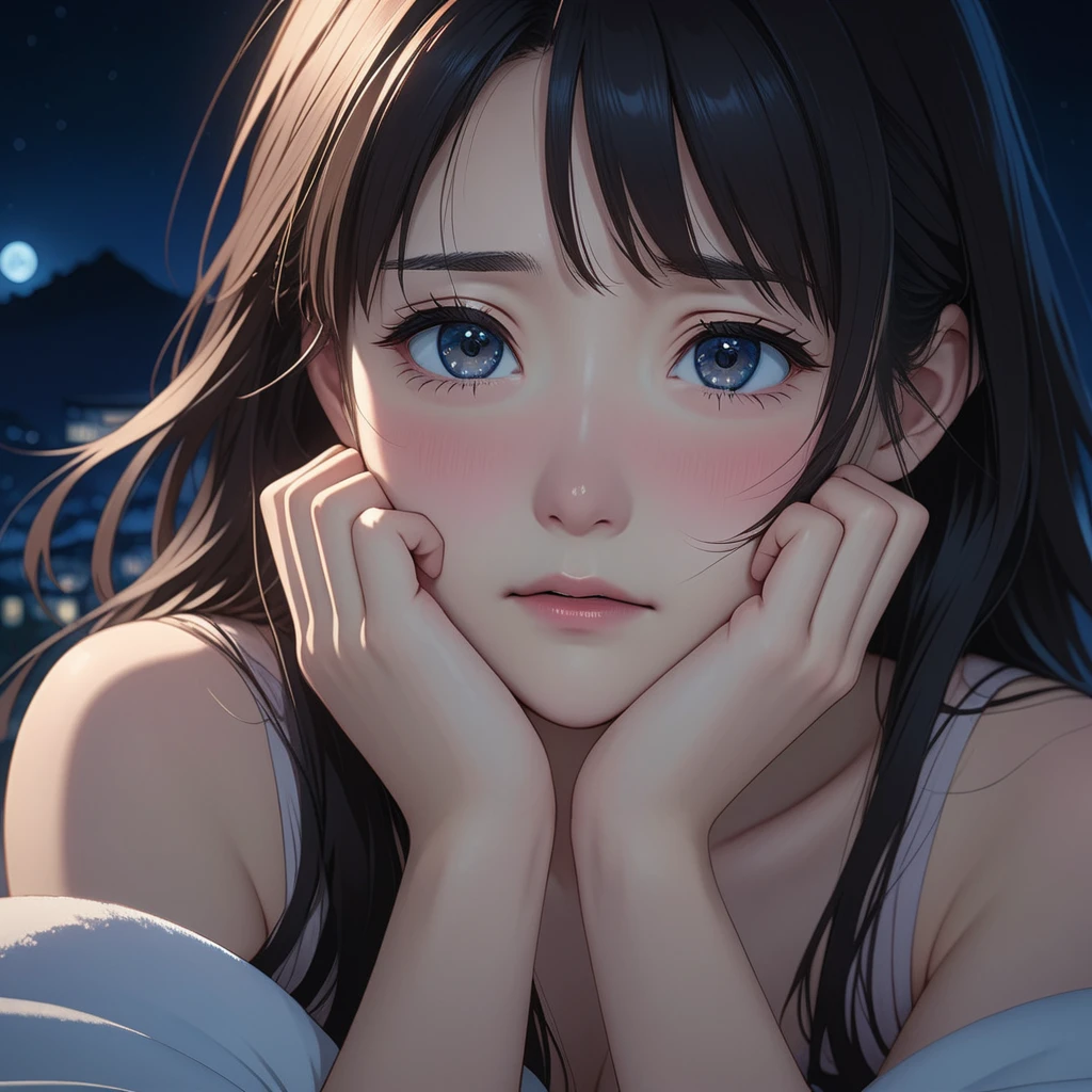 masterpiece, High resolution, illustration, kyoto animation style, Your name is cinematic style, night, midnight, Light, (1 female: 1.3), (alone: 1.4), long eyelashes, long hair, nose blushing, futon, sad, naked, face close-up, Hide with hands , Hide with hands,