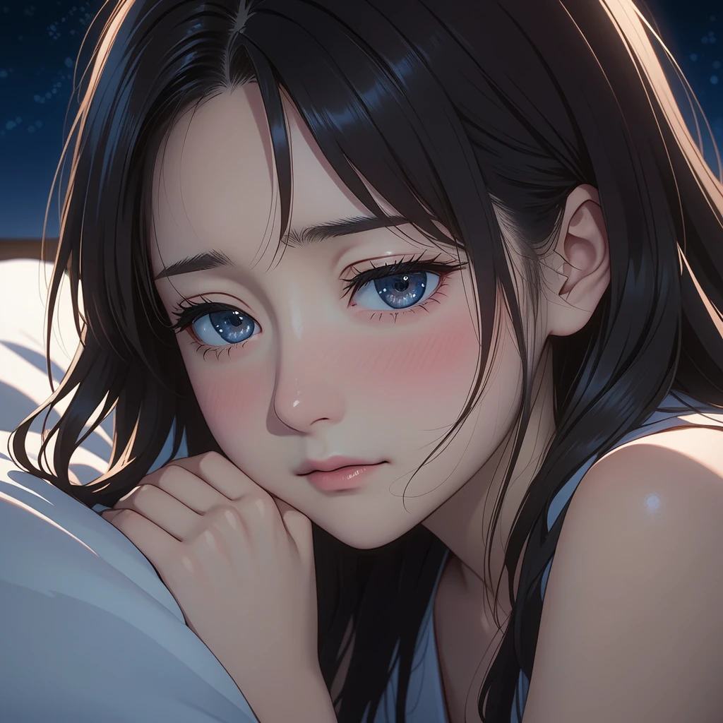 masterpiece, High resolution, illustration, kyoto animation style, Your name is cinematic style, night, midnight, Light, (1 female: 1.3), (alone: 1.4), long eyelashes, long hair, nose blushing, futon, sad, naked, face close-up, Hide with hands , Hide with hands,