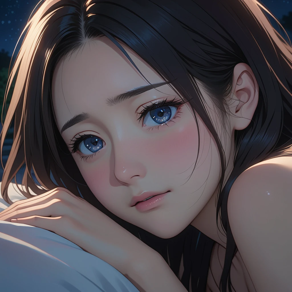 masterpiece, High resolution, illustration, kyoto animation style, Your name is cinematic style, night, midnight, Light, (1 female: 1.3), (alone: 1.4), long eyelashes, long hair, nose blushing, futon, sad, naked, face close-up, Hide with hands , Hide with hands,