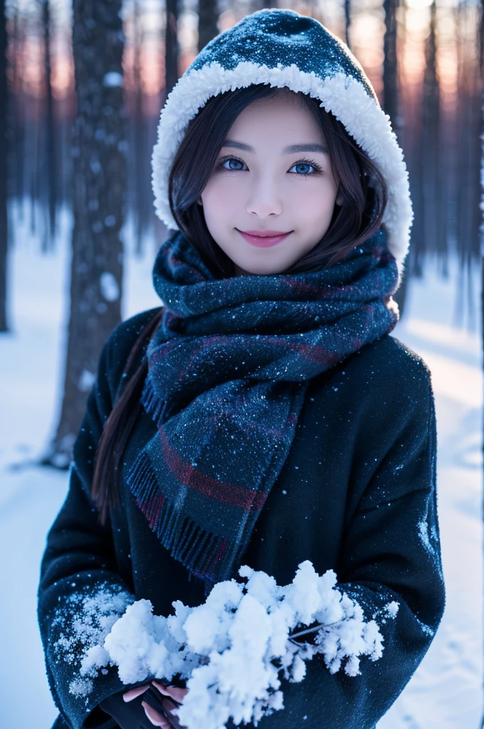 1 girl, (Winter clothes:1.2), beautiful japanese actress, Looks great in photos, Yukihime, long eyelashes, snowflake earrings, (Raw photo, highest quality), (reality, realistic:1.4), (pieces fly), detailed and beautiful eyes, beautiful detailed lips, highly detailed eyes and face, Blake is (Frozen snow field in winter Lapland), (The last vestiges of the twilight sky:1.4), mysterious beauty, snow covered tree, powder snow, Snowy field landscape at dusk, Indigo and dark vermilion color scheme, dramatic lighting, great atmosphere, Blake is Perfect Anatomy, Whole body slender, small breasts, (short hair:1.3), Angel&#39;the smile of, crystal-like skin, make eyes clear, catch light