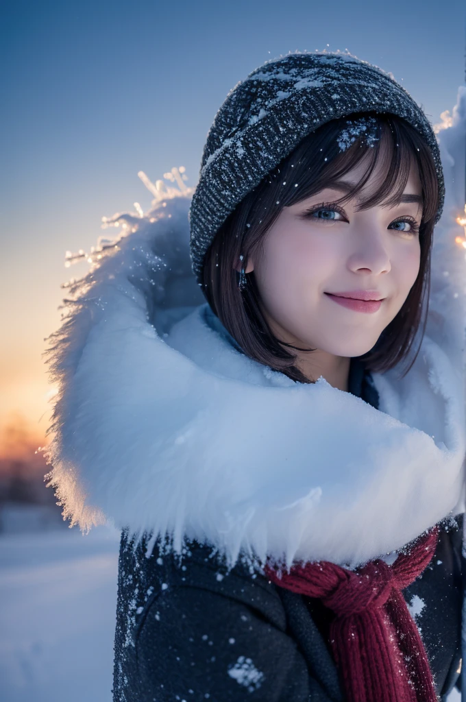 1 girl, (Winter clothes:1.2), beautiful japanese actress, Looks great in photos, Yukihime, long eyelashes, snowflake earrings, (Raw photo, highest quality), (reality, realistic:1.4), (pieces fly), detailed and beautiful eyes, beautiful detailed lips, highly detailed eyes and face, Blake is (Frozen snow field in winter Lapland), (The last vestiges of the twilight sky:1.4), mysterious beauty, snow covered tree, powder snow, Snowy field landscape at dusk, Indigo and dark vermilion color scheme, dramatic lighting, great atmosphere, Blake is Perfect Anatomy, Whole body slender, small breasts, (short hair:1.3), Angel&#39;the smile of, crystal-like skin, make eyes clear, catch light