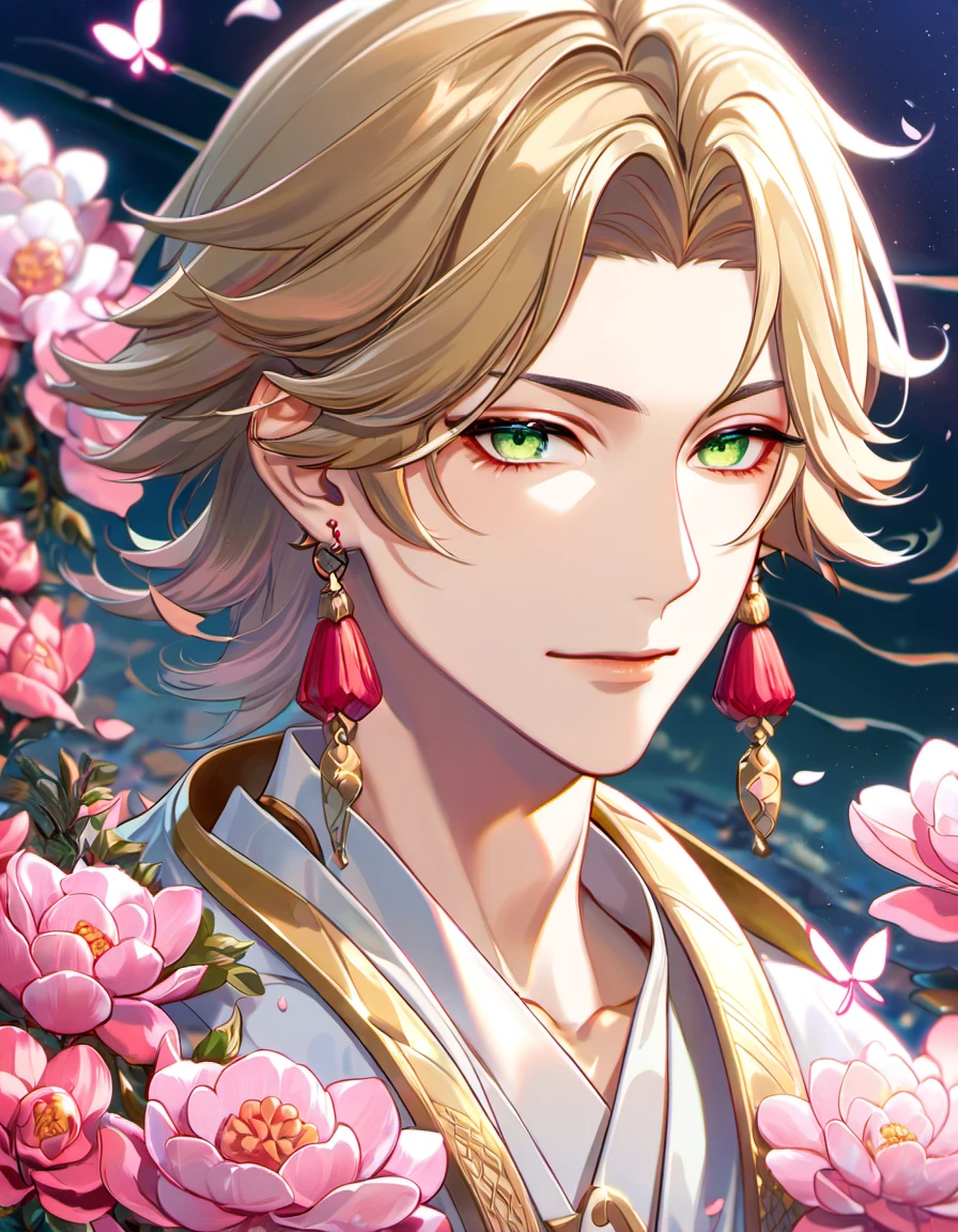 (absurdres, highres, ultra detailed, HDR), master piece, best quality, vibrant green eyes, 1man, handsome face, Taishakuten, onmyoji, ash blond hair, earrings, white clothes, pink flowers, pink erflies, pink petals, water
