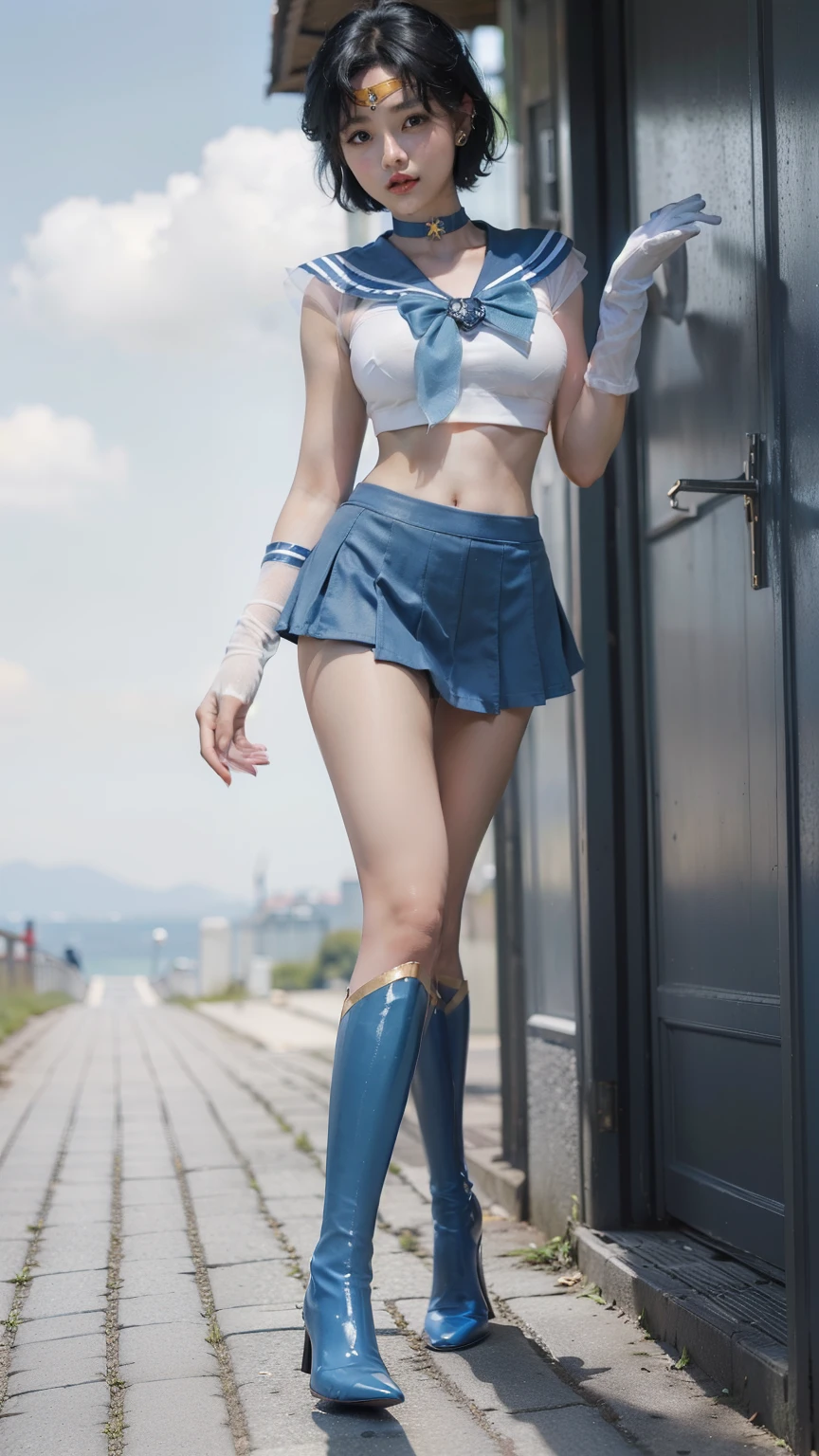 arafed asian woman in a tight white sailor uniform and tiny blue skirt posing for a photo, very sexy pose, elegant seducing pose, sexy look, sultry body,  anime girl cosplay, ((tiny blue miniskirt|plaid miniskirt)), ((huge breasts|white sailor uniform)) ((white sailor shirt|blue collar|blue bow)), ((long blue boots|high heels|knee-high)), ((long white gloves|blue stripes)), ((blue choker|sapphire)), ((wearing a golden tiara on forehead)), ((long slender legs)), ((tiny white thong)), 2 4  old female model, beautiful alluring teen, model with attractive body, sexy body, gorgeous young korean woman, beautiful feminine body, gorgeous young model, young sensual graceful, gorgeous chinese model, ((curly bangs)), ((very dark short hair)), ((black hair in a rough shag)), wavy hair, (masterpiece:1.3), high resolution, ((sailor mercury)),((outdoors,park,bright and sunny))