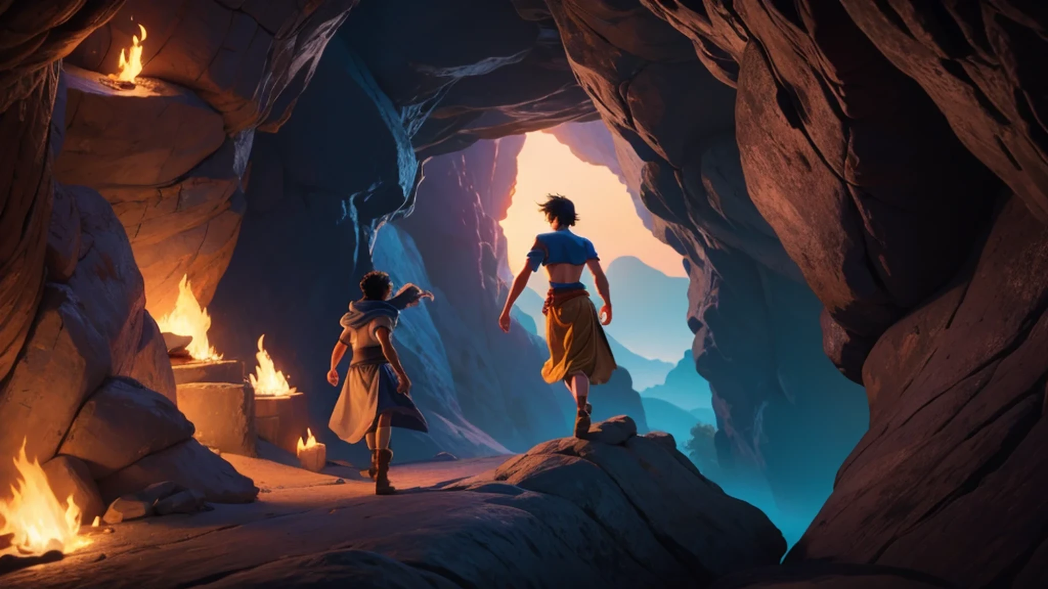 Aladdin entering the treacherous cave to retrieve the magic lamp.