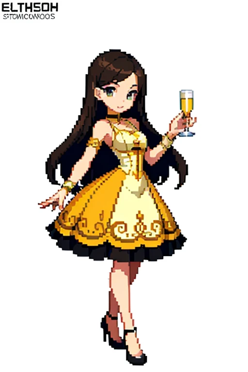 (Pixel art:1.2)、woman wearing a dress、２０age、whole body、cabaret club、sexy、brown hair、long hair、Champagne in hand