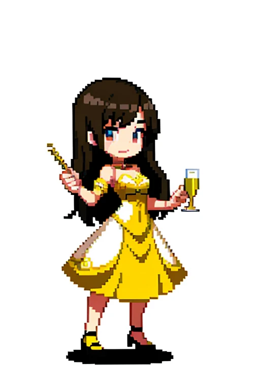 (Pixel art:1.2)、woman wearing a dress、２０age、whole body、cabaret club、sexy、brown hair、long hair、Champagne in hand