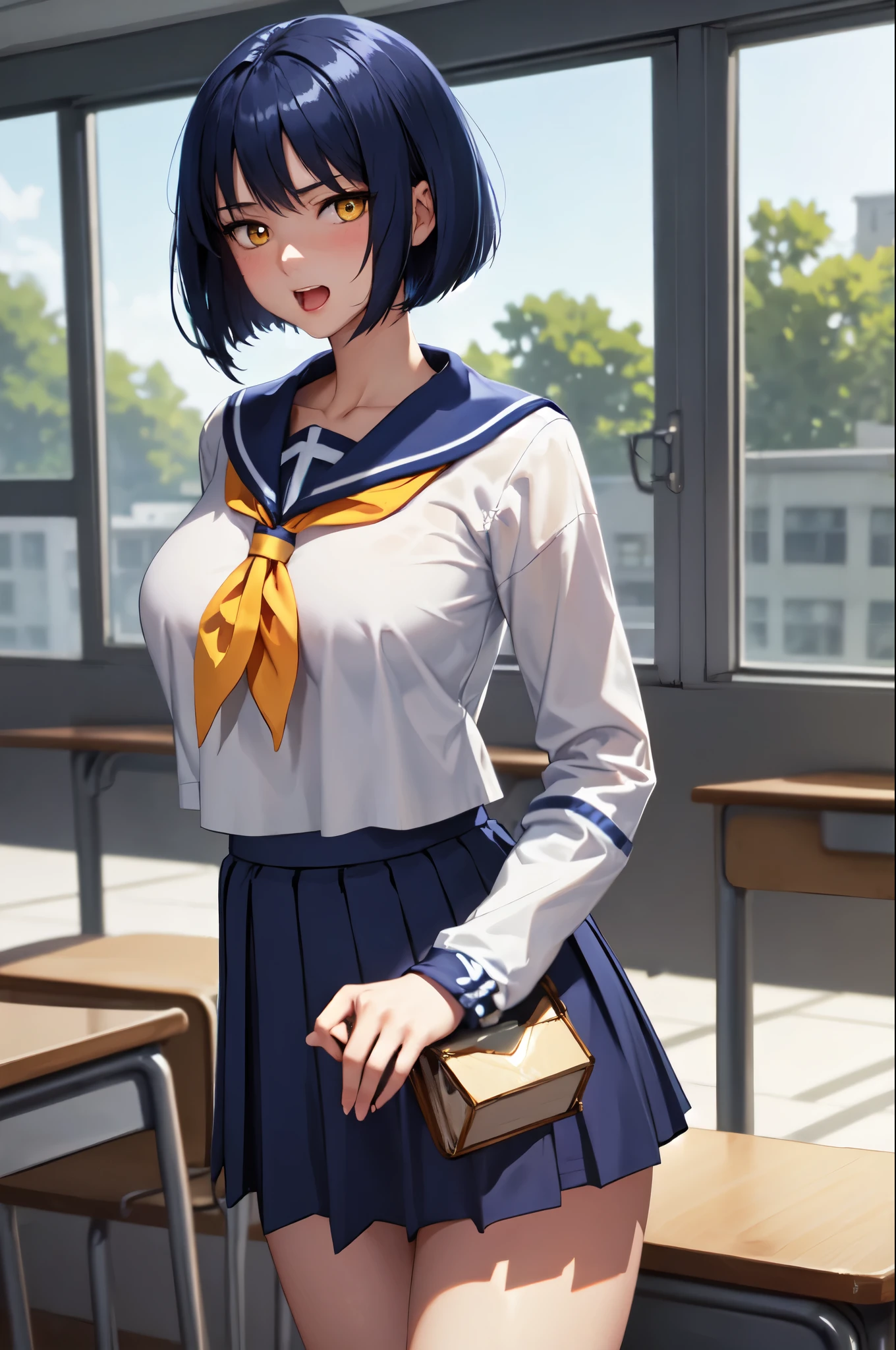 anime woman、solo、Game CG style、masterpiece、highest quality、High resolution、woman with short dark blue hair、yellow eyes、bob cut、scarface、big breasts、woman with very large breasts、tall woman、clavicle、、high school girl、sailor suit、白いsailor suit、Blue sailor collar、red neckerchief、long sleeve、navy blue skirt、pleated skirt、navy high sockary jane、mouth closed、a woman is standing、school classroom、cool atmosphere、nihilistic laughter、cowboy shot、perfect proportions、female focus、looking at viewer、