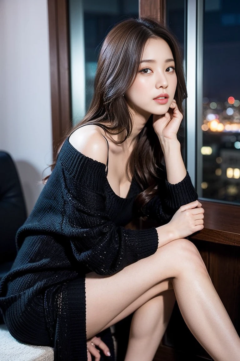 dark brown hair、light brown eyes、Japanese actress face、 lady、I'Iは彼とIが好きです'I'Iは40歳くらいです.、(intricate details:1.2)、(which one is the top?:1.4)、 (ultra high resolution:1.2)、ultra high resolution、(finely tuned)、(detailed facial features)、nffsw、8K resolution、D cup size breasts、long hair、rooftop bar、night view、luxurious space、relax、、,full body photo、head to toe shot、beautiful feet、camisole dress、beautiful feet、she, center of fashion, extreme details, very detailed, realistic, hourglass body, obscene pose,、、I cry a lot、tears、diagonally from below、raise your chin、put your butt against the wall、relaxした表情、Pose of Weakness、(auraroid photo:1.2)、from outside the window、A masterpiece of transparent painting、8K、32k、highest quality、(Details of both eyes)、1 girl、elegant、(black loose knit :1.4)、night view。(Low - Angle、見上げてIを見ている:1.2)、Hilarious、look at the camera、