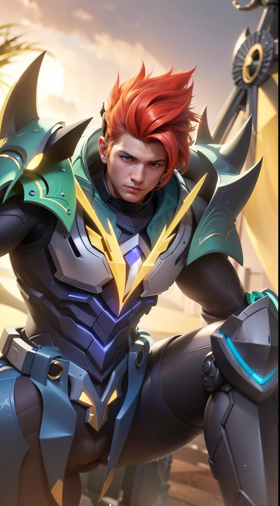 1 boy wears an ear shield, a close up of a boy with a sword and armor, kda, gold paladin, portrait of dragoon, dragon knight, mobile legends, sigma boy, artgrem, 8k, ultra hd, ultra detailed texture, hyper realistic, masterpiece, detailed texture, detailed face, detailed skin, detailed lighting, (photorealistic:1.5), best quality, beautiful lighting, cinematic lighting, professional lighting, ultra highres, realistic, detailed hair, real hair, high quality, (realskin:1.5), extremely detailed, finely detail, ultra-detailed, strong red eyes, glare.