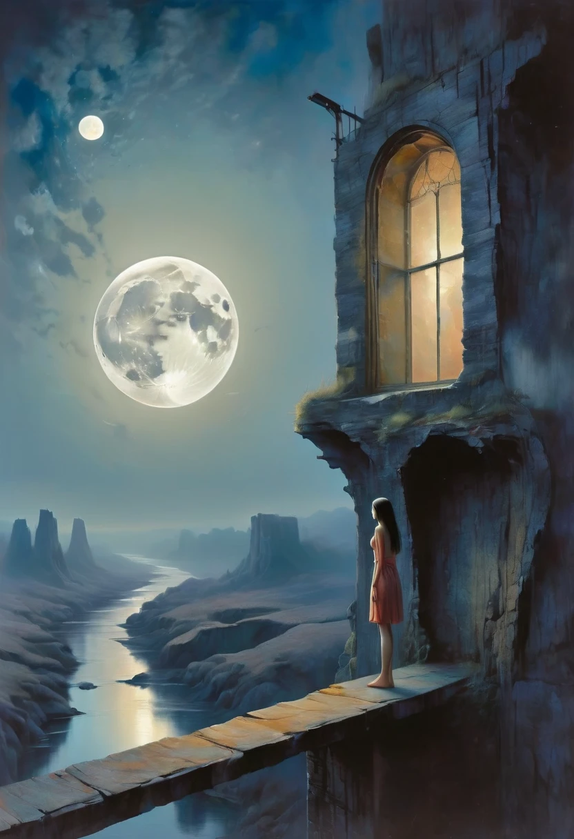 The scenery outside the window，Looking out from the window，Girl looking into the distance at the window，The Faceless Stone Woman on the Bridge，Handheld Light，Background with full moon, With the sky as a background, Brome&#39;s Art, Magic  artwork, super fine, Fantasy Art Surrealism Beksinski